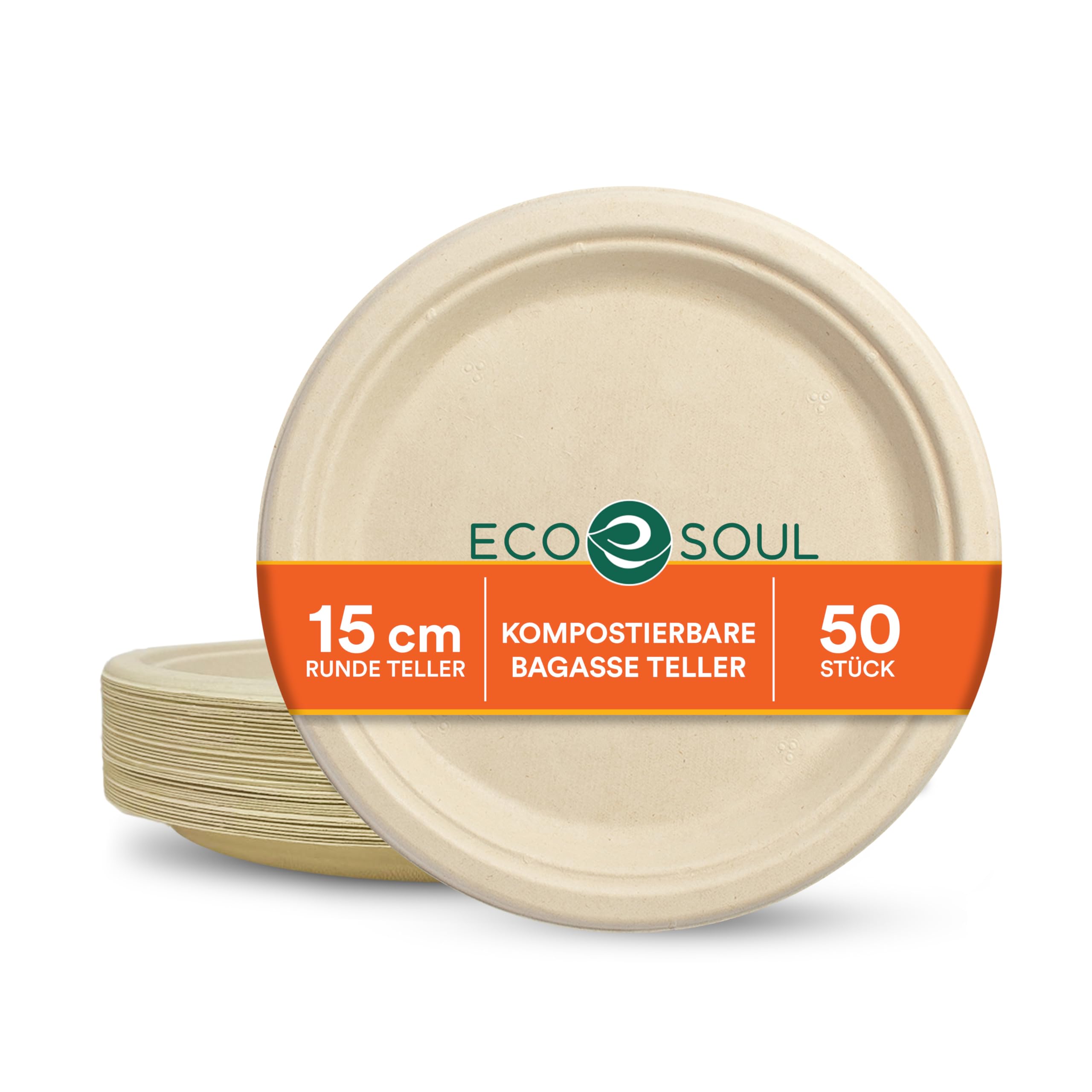 ECO SOUL [6 inch, 50 Pack Disposable Bagasse Plates | Eco-Friendly, Biodegradable, Sugarcane Paper Plates | for Serving Snacks | Birthday, Wedding & Party | Round, Beige (15 cm)