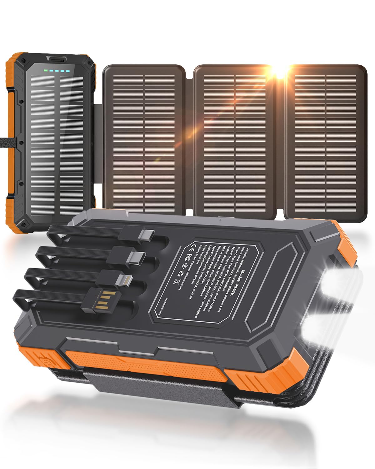 GULLVEN Solar Charger Power Bank 49800mAh with 4 Built-in Cables & 4 Foldable Panels, 22.5W Fast Portable Phone Charger, External Battery Pack with USB-C in/Output & Flashlight for Outdoor Camping