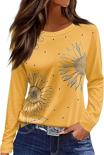 Long Sleeve Shirts for Women,Womens Long Sleeve Tops Crew Neck Trendy Casual Basic Tee Comfy Printed Tops Blouse