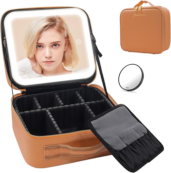 Jadazror Makeup Case with Lighted Mirror, Travel Makeup Bag