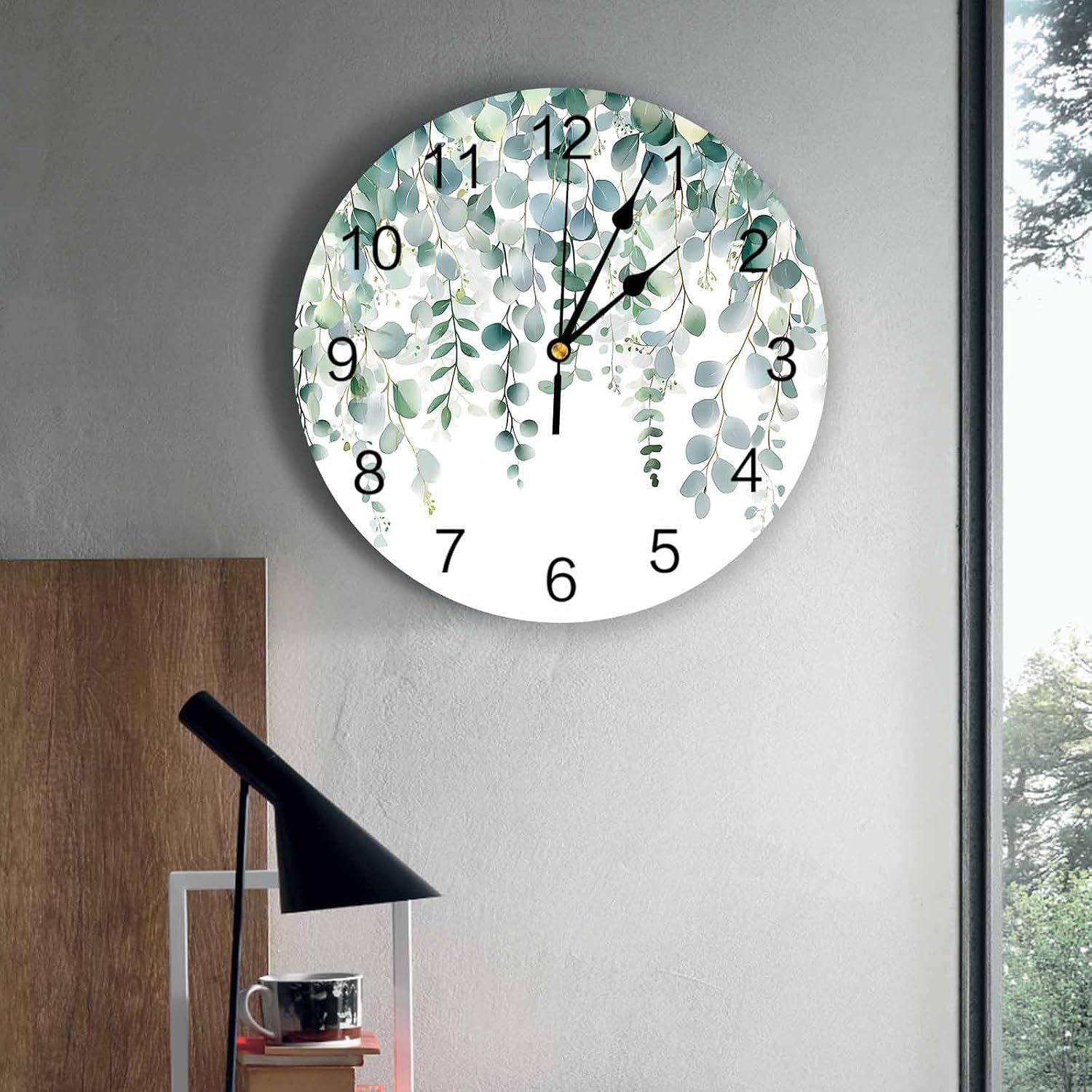 Wall Clock Sage Green Eucalyptus Leaves Clocks PVC Silent Non-Ticking Battery Operated Decorative Spring Leaf Plant Round Clock for Home Living Room Kitchen Bedroom Office School Wall Decor 12 Inch