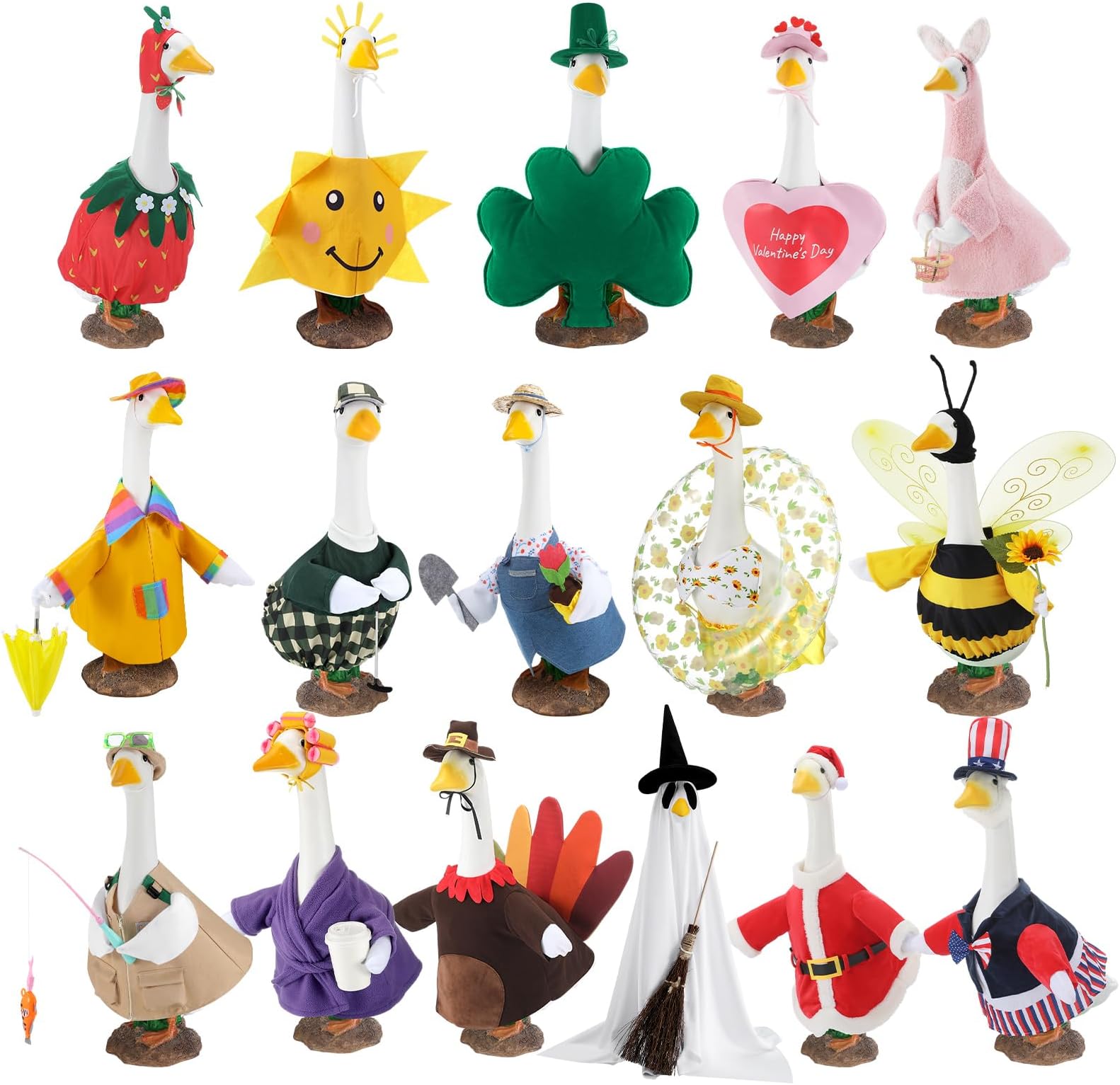 16 Set Holiday Porch Goose Outfits All Seasons Bundle for Valentine Easter St. Patrick Summer Hawaiian 4th of July Halloween Christmas Concrete Porch Goose Clothes for Patio Yard Lawn