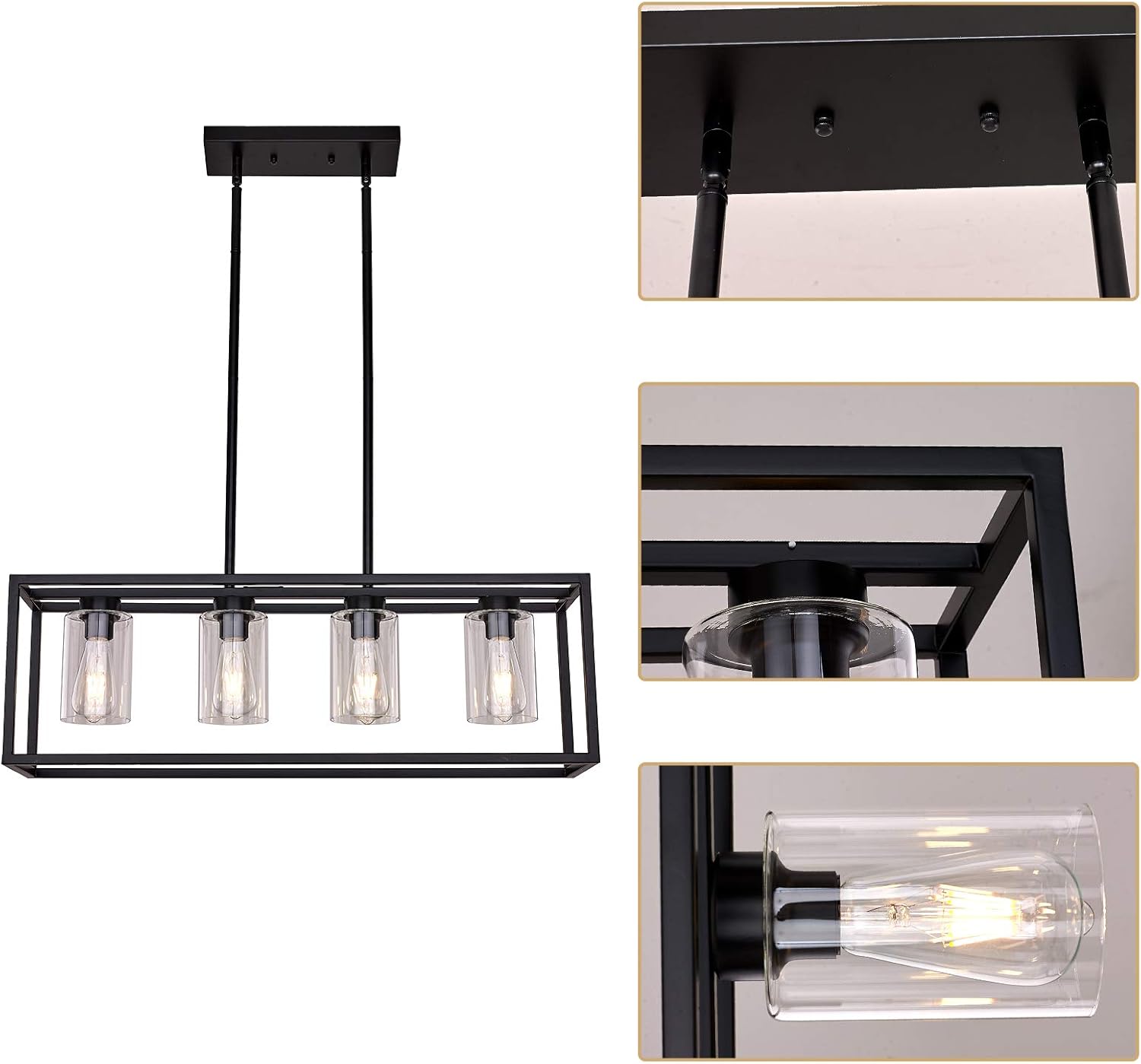 XILICON Black Dining Room Chandeliers Lighting Fixture Linear Pendant Modern 4-Light with Glass Shades Vintage Farmhouse Ceiling Light Hanging for Kitchen Island Cafe Bar