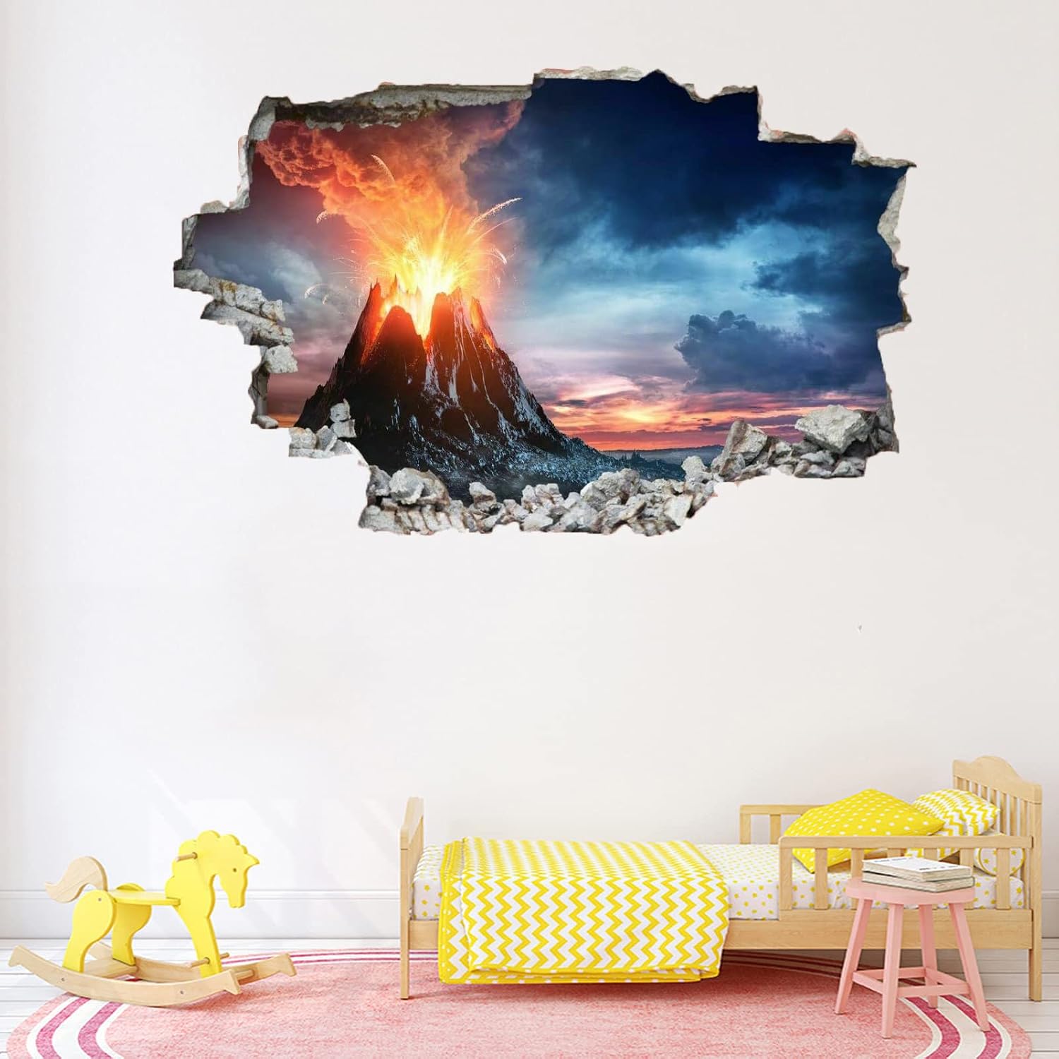 Landscape 3D Smashed Decal, Volcano Removable Vinyl Art Peel and Stick Sticker, Sky Wall Tattoo Girls Kids Bedroom Nursery Room Decor Mural Home Decor 43 x 28 Inch
