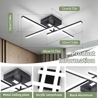 EIDISUNY Modern Ceiling Light LED, 24W Black Ceiling lamp 4 Built-in LED Boards, 6500K Cool White Elegant Design Ceiling Light Fixture for Bedroom Hallway Living Room Dining Room Corridor Kitchen [Energy Class E]