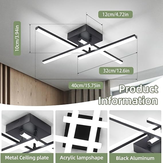 EIDISUNY Modern Ceiling Light LED, 24W Black Ceiling lamp 4 Built-in LED Boards, 6500K Cool White Elegant Design Ceiling Light Fixture for Bedroom Hallway Living Room Dining Room Corridor Kitchen [Energy Class E]