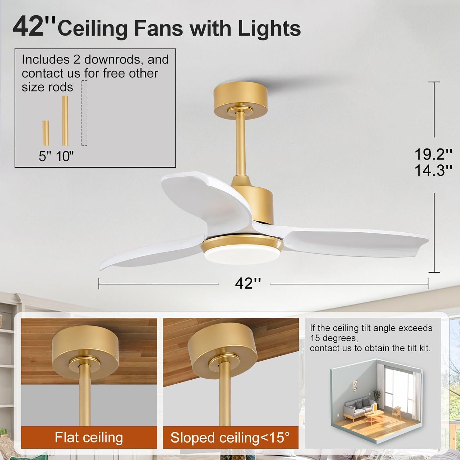 KBZZ Size 42 Inch Color White Gold Ceiling Fans with Lights and Remote, 3 Blade Wood Ceiling Fan with Light, Dimmable, Memory Function, Reversible DC Motor, Modern Indoor Outdoor Ceiling Fans for Patios Bedroom