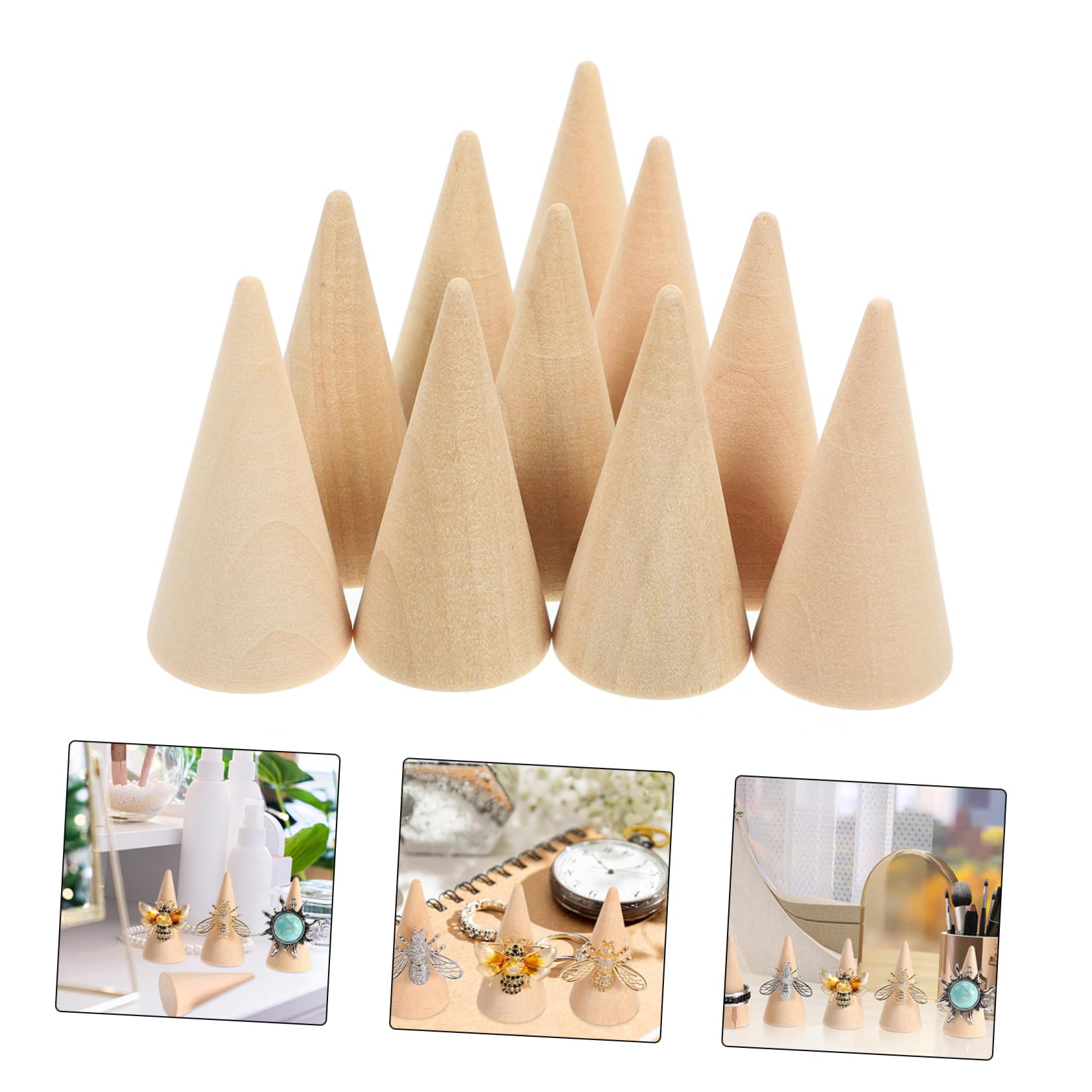 Ornement en Bois Cône pour Bague, Lot de 10, Beige