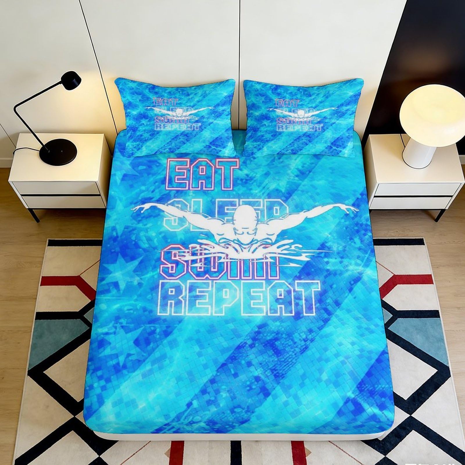 Pnayamiorkfel Style-1 3D Printed Swimmer Blue Fitted Sheet Microfiber Soft Breathable Eat Sleep Swim Repeat Mattress Cover Bedroom Decor 90X200x25cm