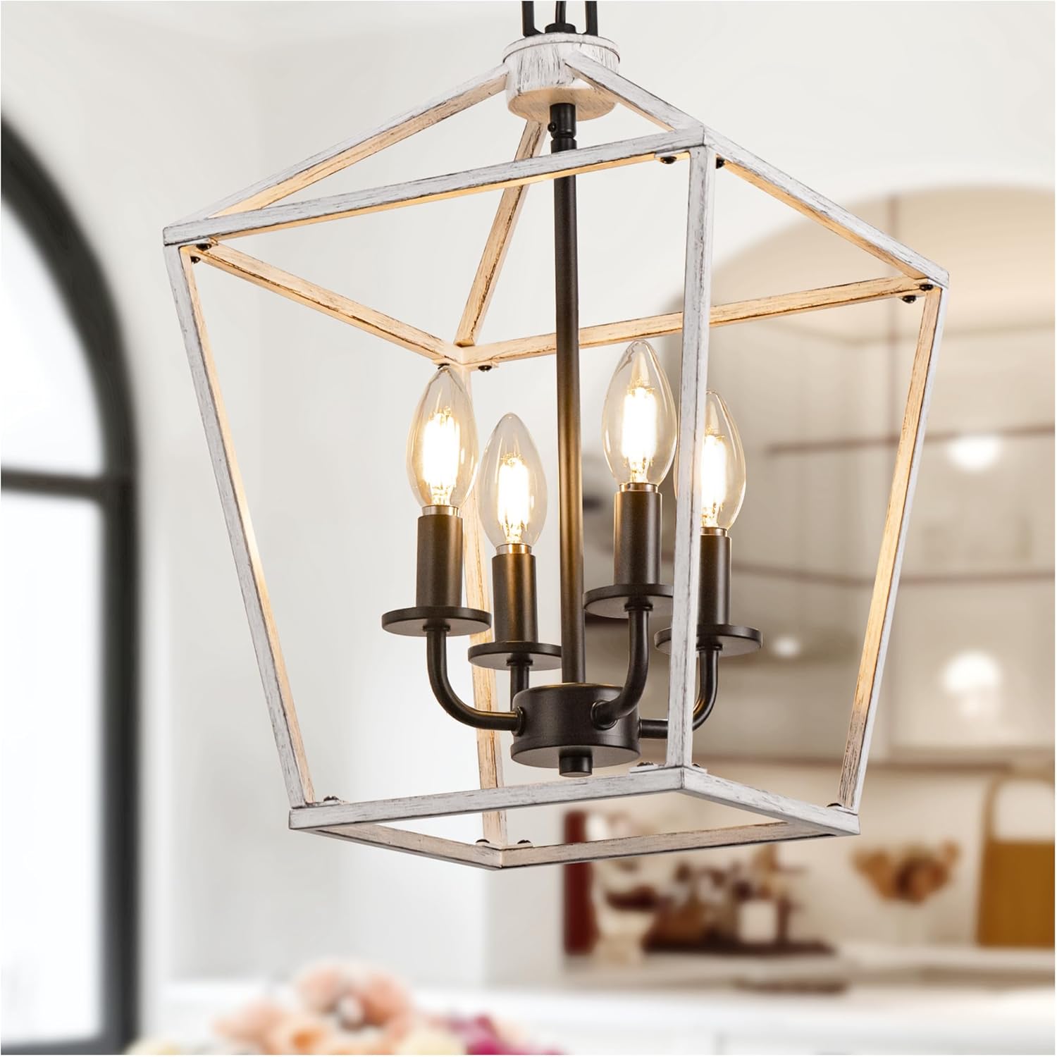 L LOHAS LED Oak White Farmhouse Chandelier, Industrial 4-Light Lantern Light, Dining Room Lighting Fixtures, Adjustable Height Metal Cage, Kitchen Island, Entryway, E12