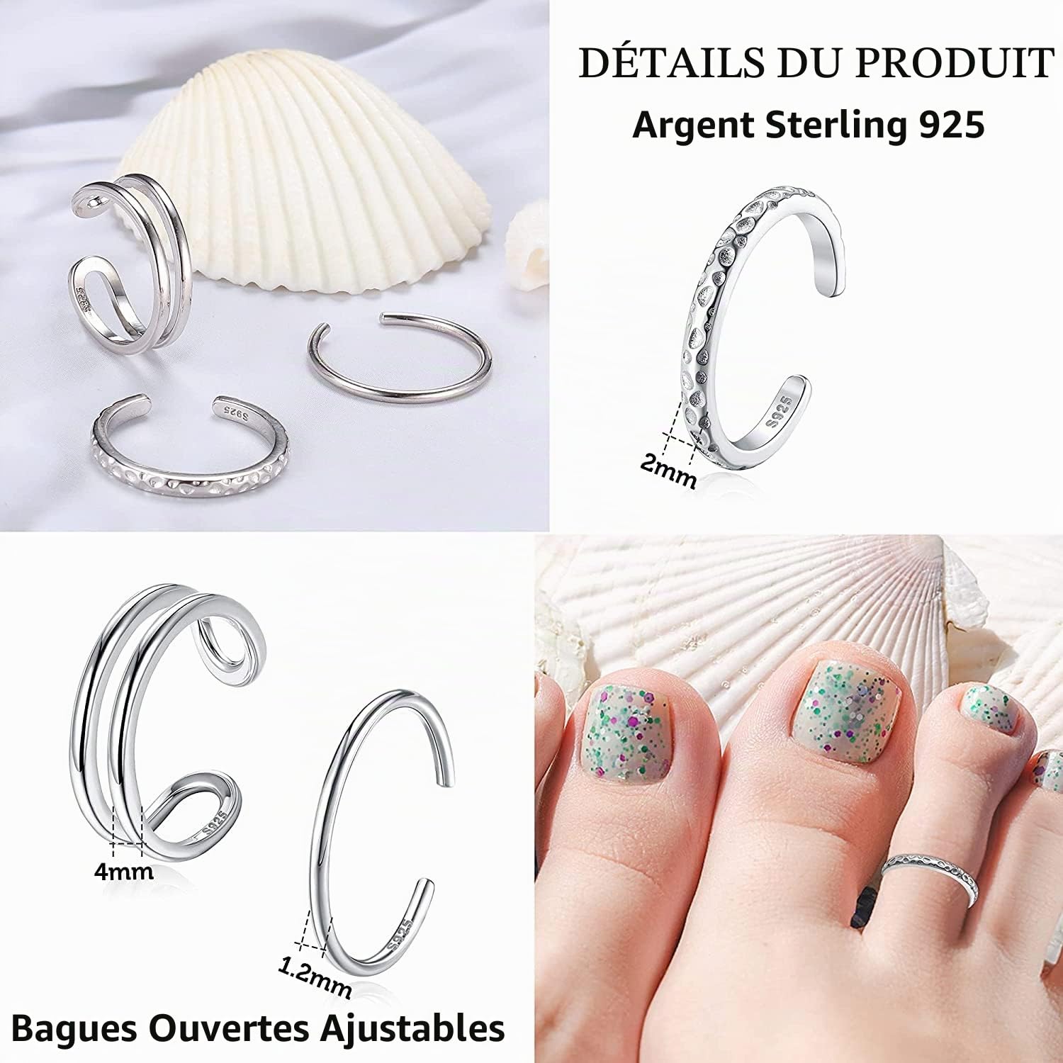 Diamday 3 Pièces Bagues Orteil Argent 925 Anneaux d'Orteil pour Femmes | Bagues d'Orteil Or Argent, Ouverte Bague de Pied, Réglables Bagues d'Orteil Argent 925, Été Plage Pied Bijoux Femme