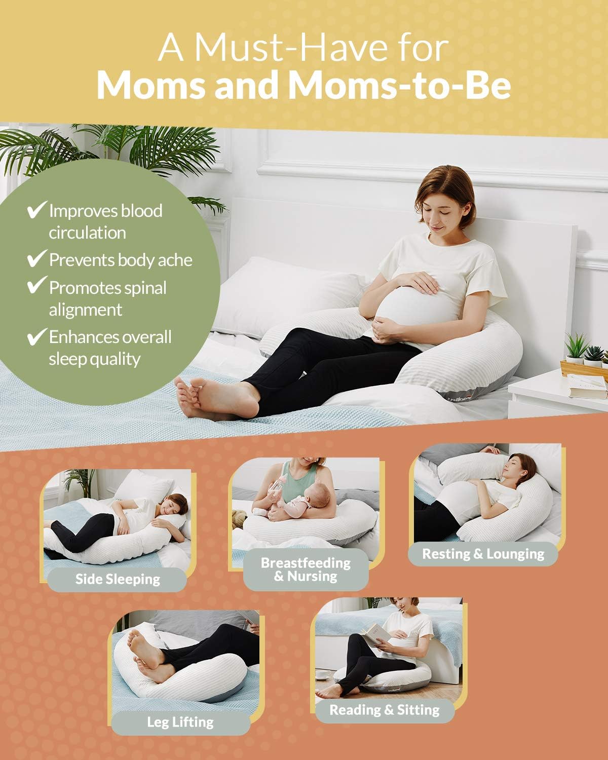 Unilove Hopo 7-in-1 Pregnancy & Nursing Pillow - Pregnancy Pillows for Sleeping - Pregnant mom Gift Essentials for Breastfeeding, Side Sleeping - 2 Washable Covers - White Gray