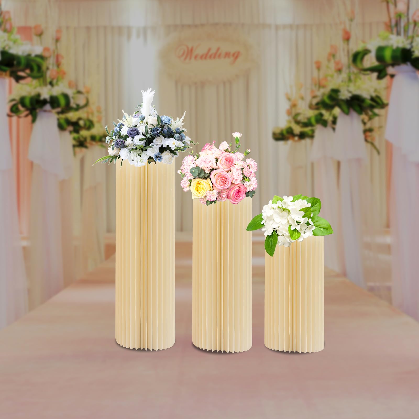 3 Stück Faltbare Papier Säule Blumenständer, Tortenständer,Zylinder Blumen stehen, Säulen Display für Hochzeit Party Gartendekoration