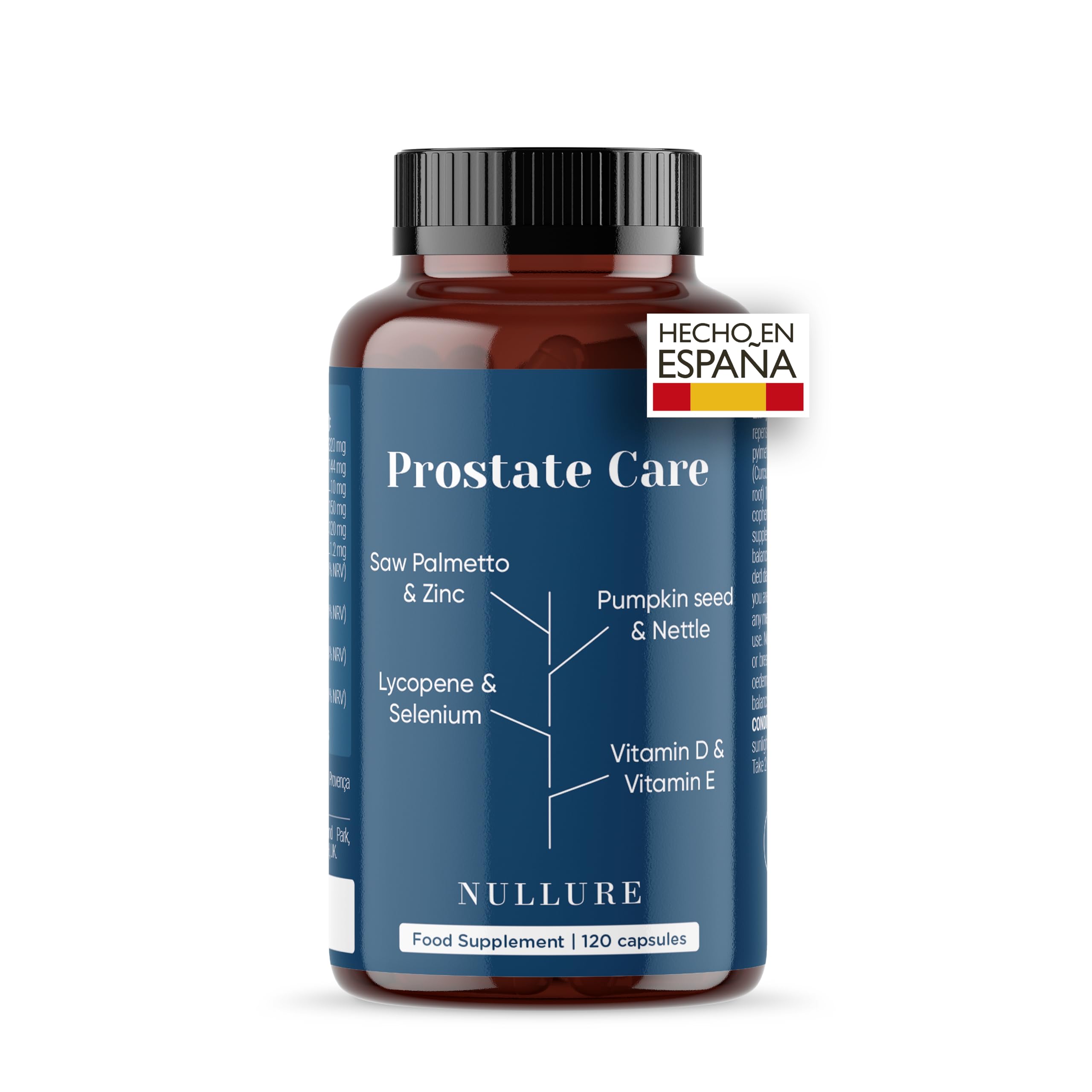 Nullure Complejo Prostata Capsulas | Saw Palmetto 320mg + Calabaza + Ortiga + Licopeno | Salud Prostática · Inflamada| Prostate Care |Vegano y Sin Aditivos| 120 cáps (2 meses)| Fabricado en España