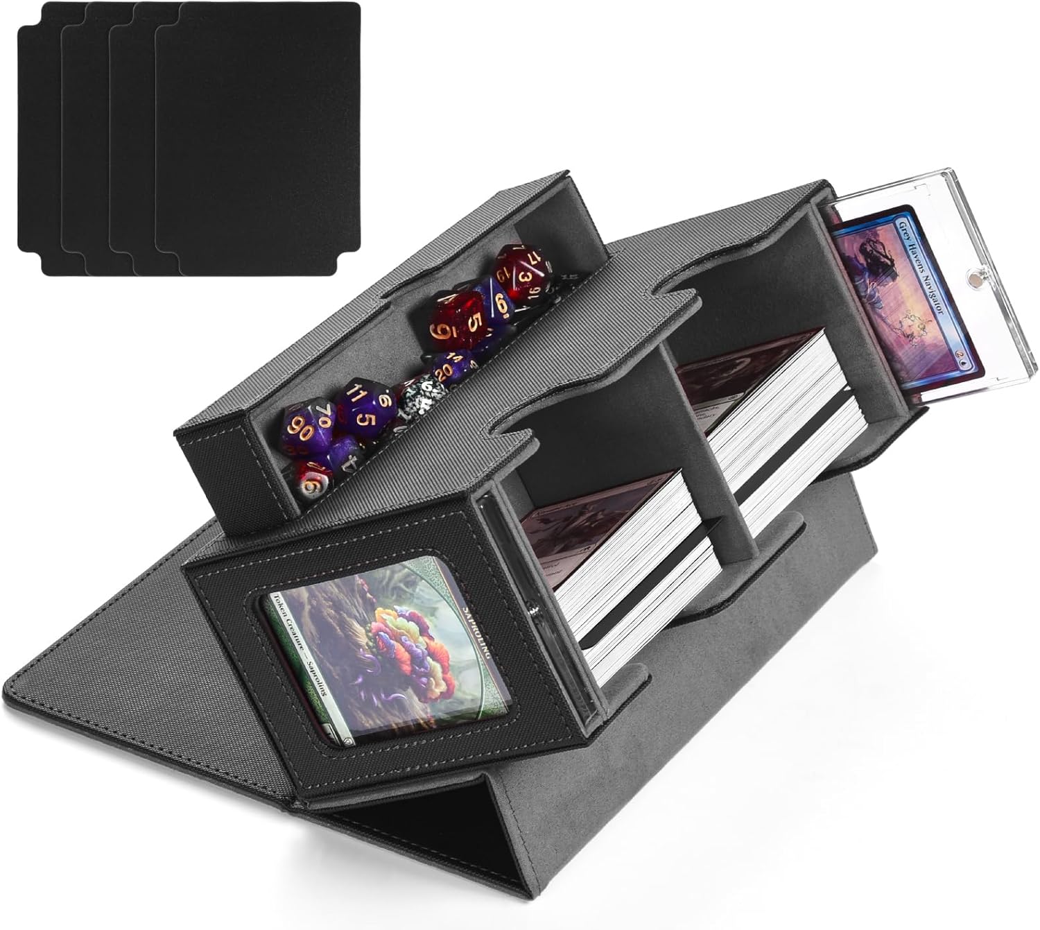 MTG Commander Deck Box with 2 Display & Dice Tray, Fits 320+ Cards, 4 Dividers & 35pt Card Brick (Black&Gray)