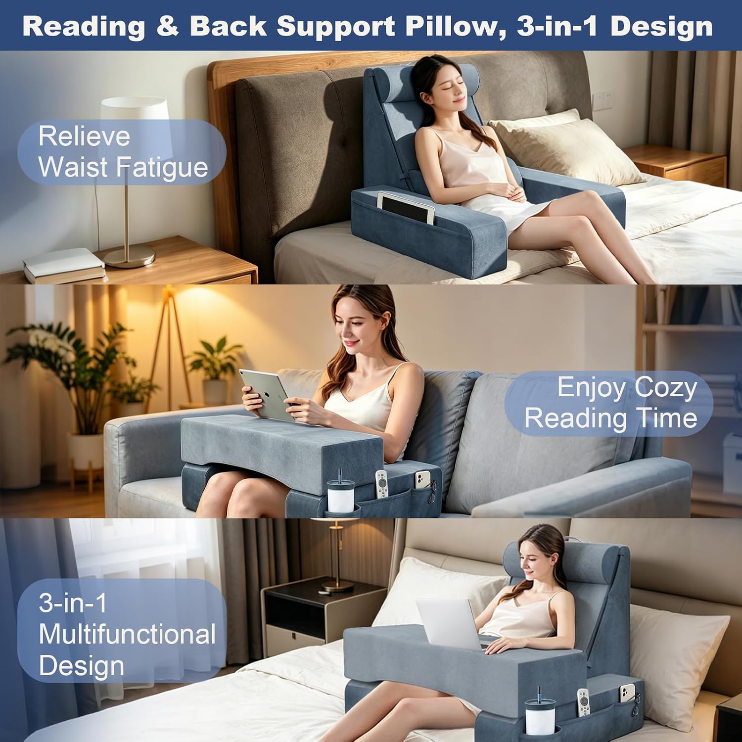 3‑in‑1 Reading Pillow for Bed with Detachable Sponge Lap Desk, Wedge Pillow Set for After Surgery with Adjustable Headrest & Independent Lumbar Support, Detachable Armrest Design for Home Office