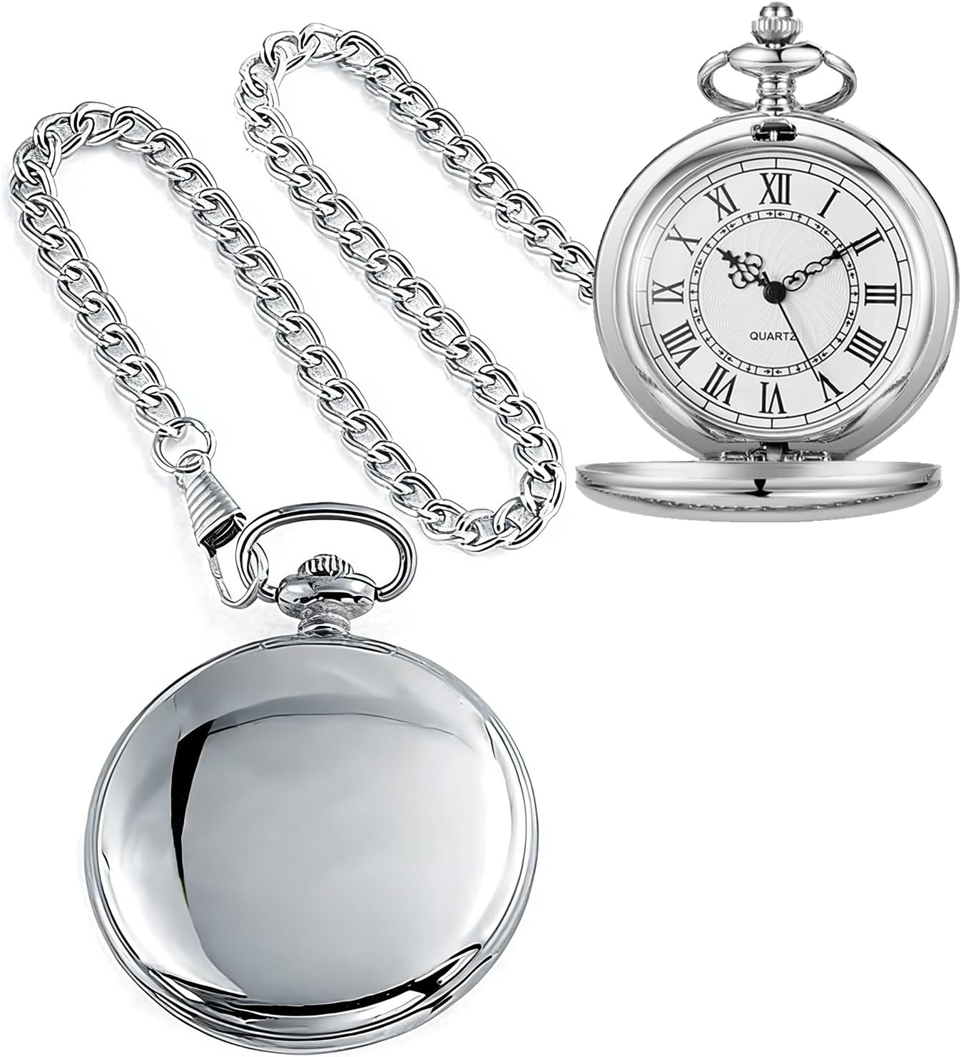Alwesam Smooth Pocket Watch Alloy Steel Quartz Roman Numerals with 37cm Chain for Father's Day Xmas Best Gifts