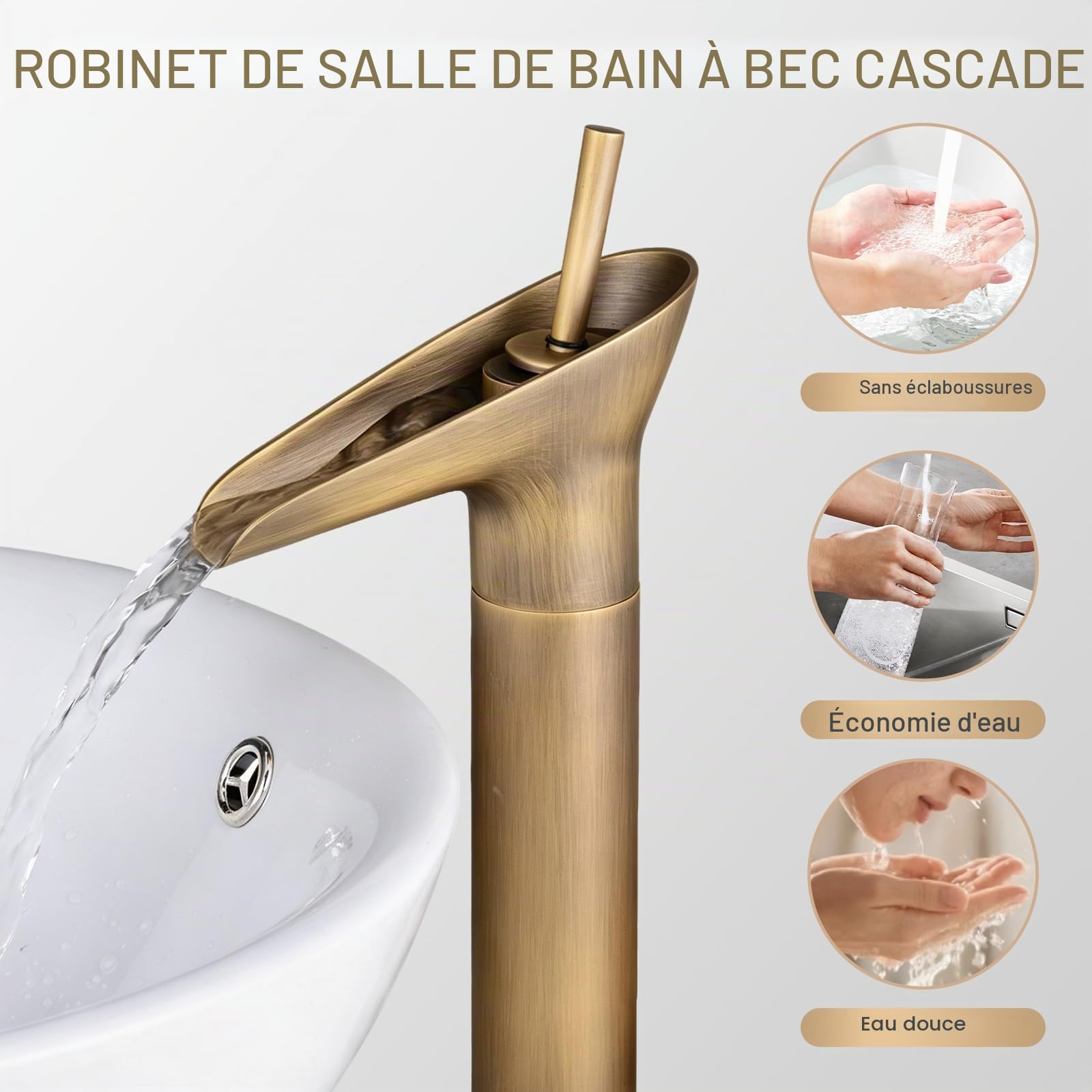 Robinet mitigeur à jet cascade et levier unique pour lavabo de salle de bains (haut)