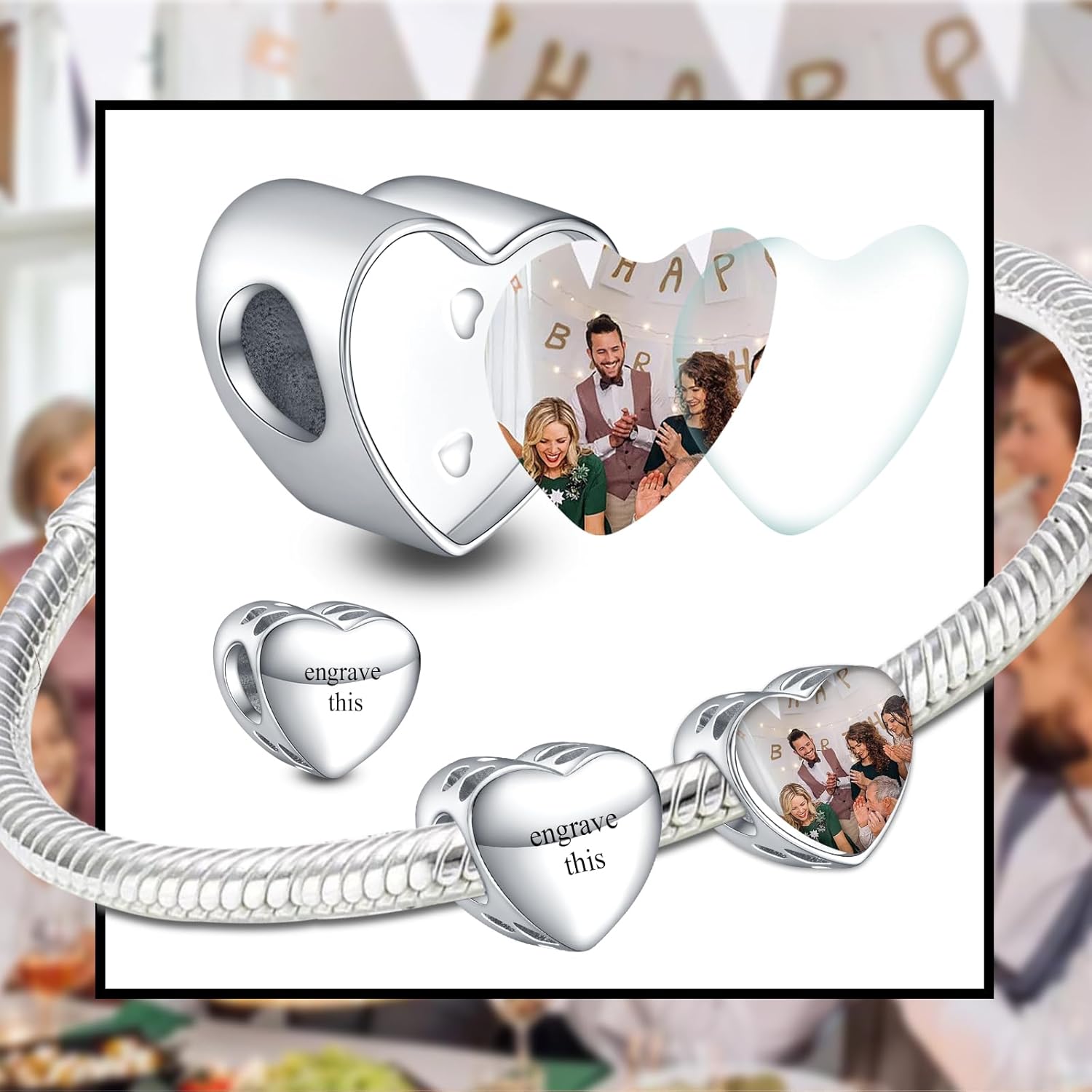 NINGAN Personalized Photo Charms 925 Sterling Silver for Bracelets Necklaces, Customized Engraved Heart Round Family Tree Dad Mom Love Bead Dangle for Women Wife - Image 3