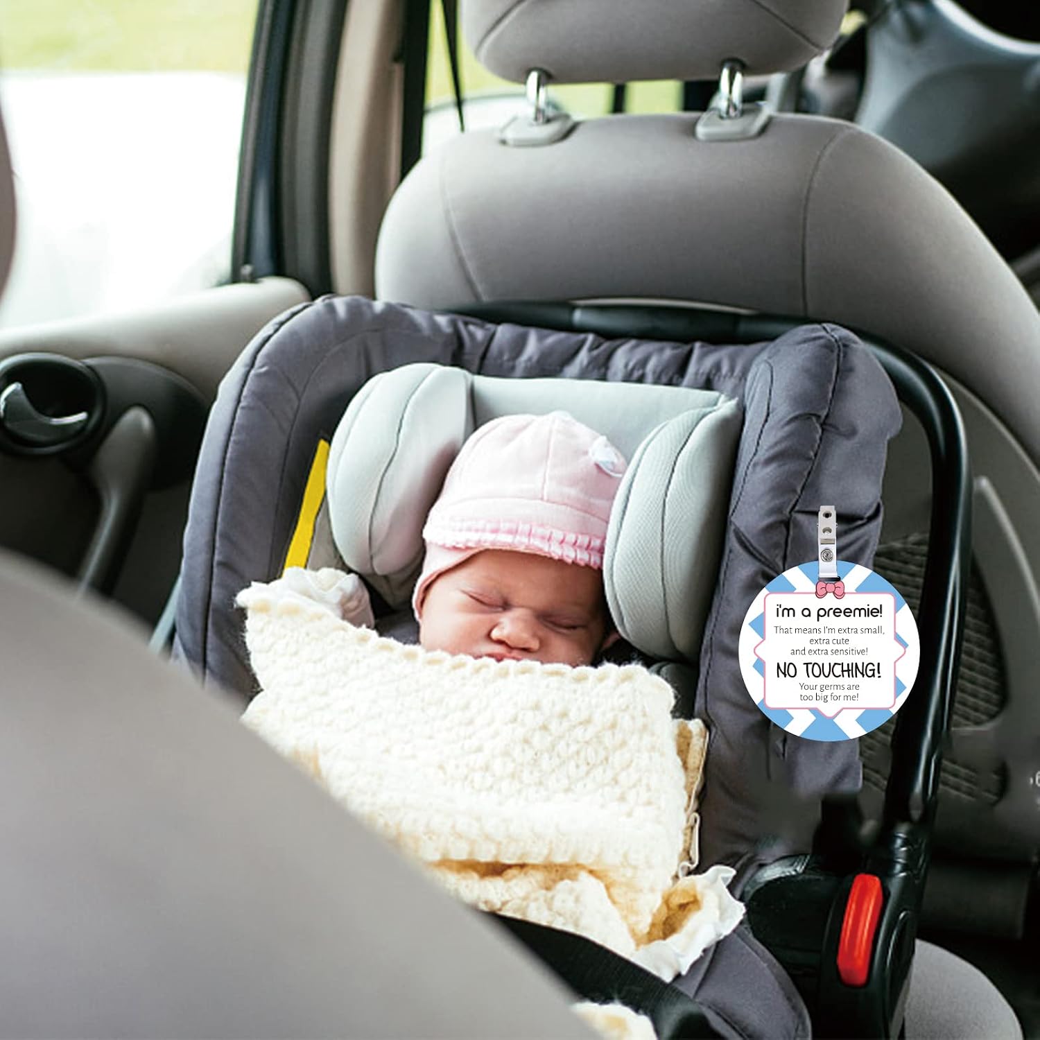 PLIGREAT 2 Pack No Touching Baby Car Seat Sign, No Kissing Baby Stroller Tag with Hanging Straps and Clip, No Touch Baby Safety Sign for Babies Girls Boys