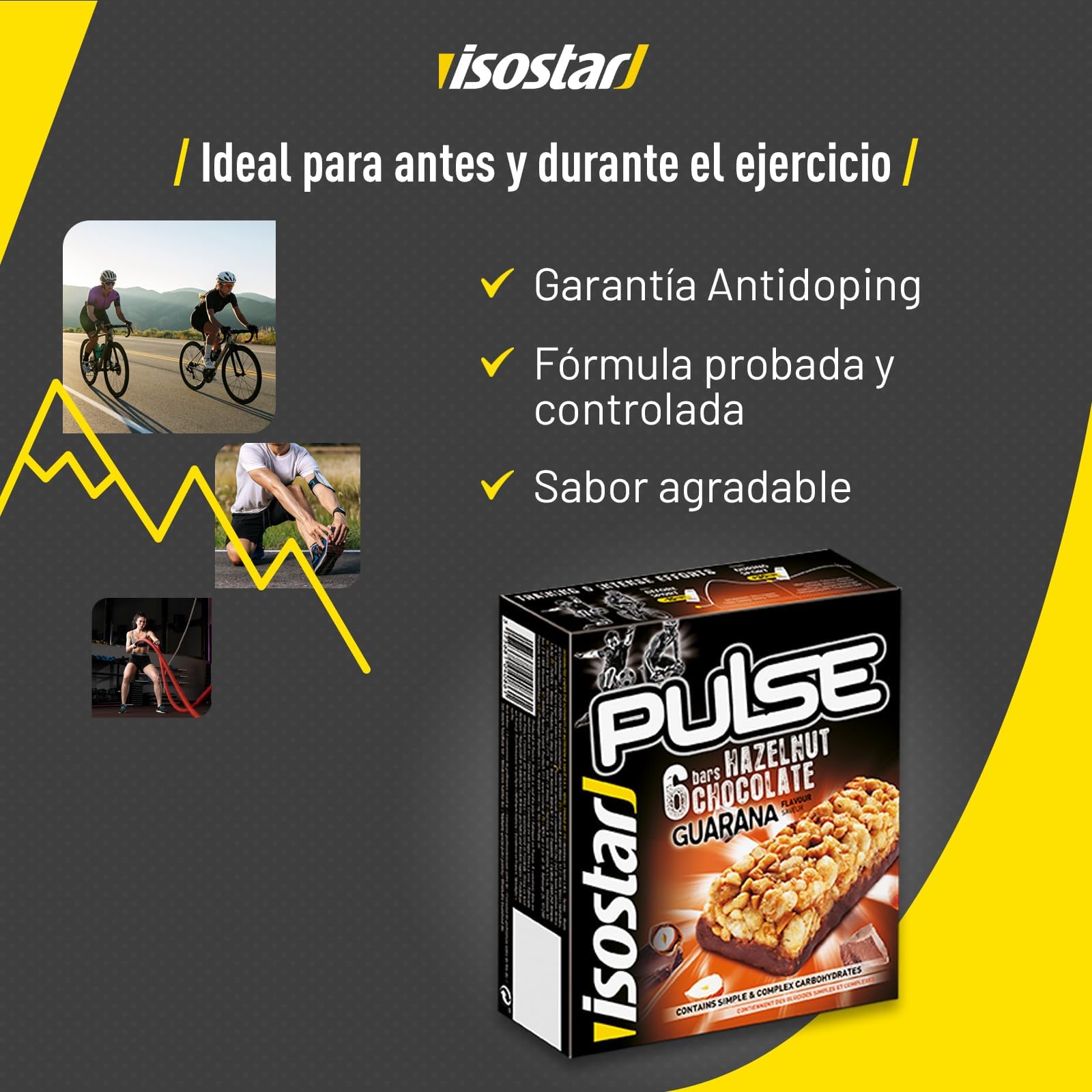 Isostar Barritas Pulse. Barritas de avellana con chocolate energéticas con hidratos de carbono de utilización rápida y progresiva. guaraná y alto contenido en vitaminas. 6x23g