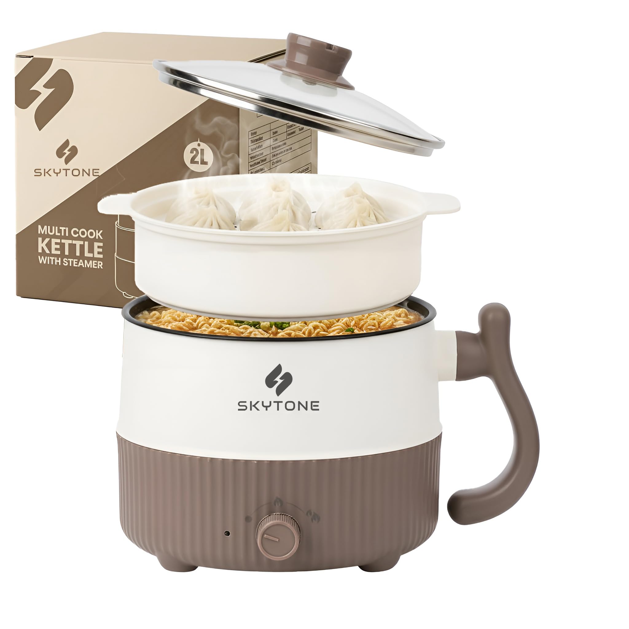 SKYTONE Multipurpose Electric Kettle With Ceramic Coating 2L | Non-Stick Hotpot Cooker For Boil, Steam, Fry, Saute | Multi Cooker Kettle For Water, Milk, Egg, Tea, Soup, Babyfood, Rices (Cream)