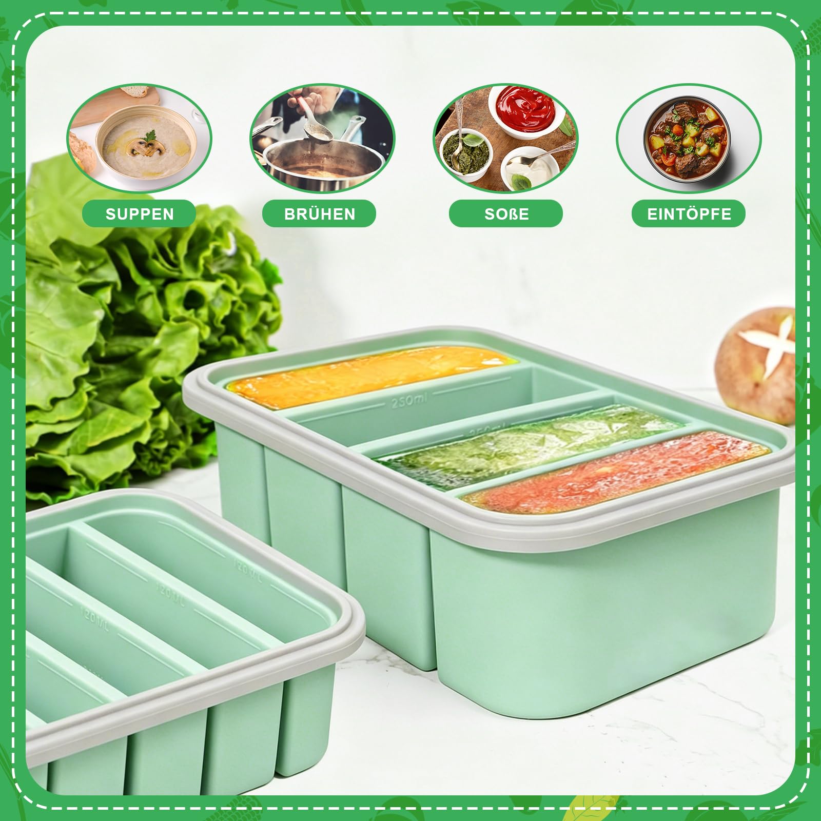 Lot de 4 récipients de congélation en silicone avec couvercle, 8 étiquettes et 15 sacs de congélation, réutilisables, pour bouillon, sauce, glaçons, beurre