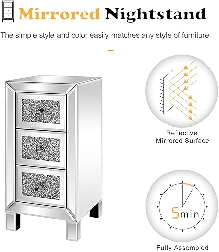 Miniatura 4 de VINGLI Mesita de noche con espejo de 3 cajones, mesa auxiliar de cristal, totalmente montada, color plateado