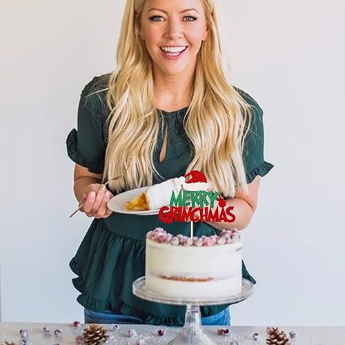 Vista 33 de Rsstarxi 1 paquete de decoración de pastel de Navidad con purpurina verde y rojo hojas de acebo y bayas, sombrero de Papá Noel, barba, decoración