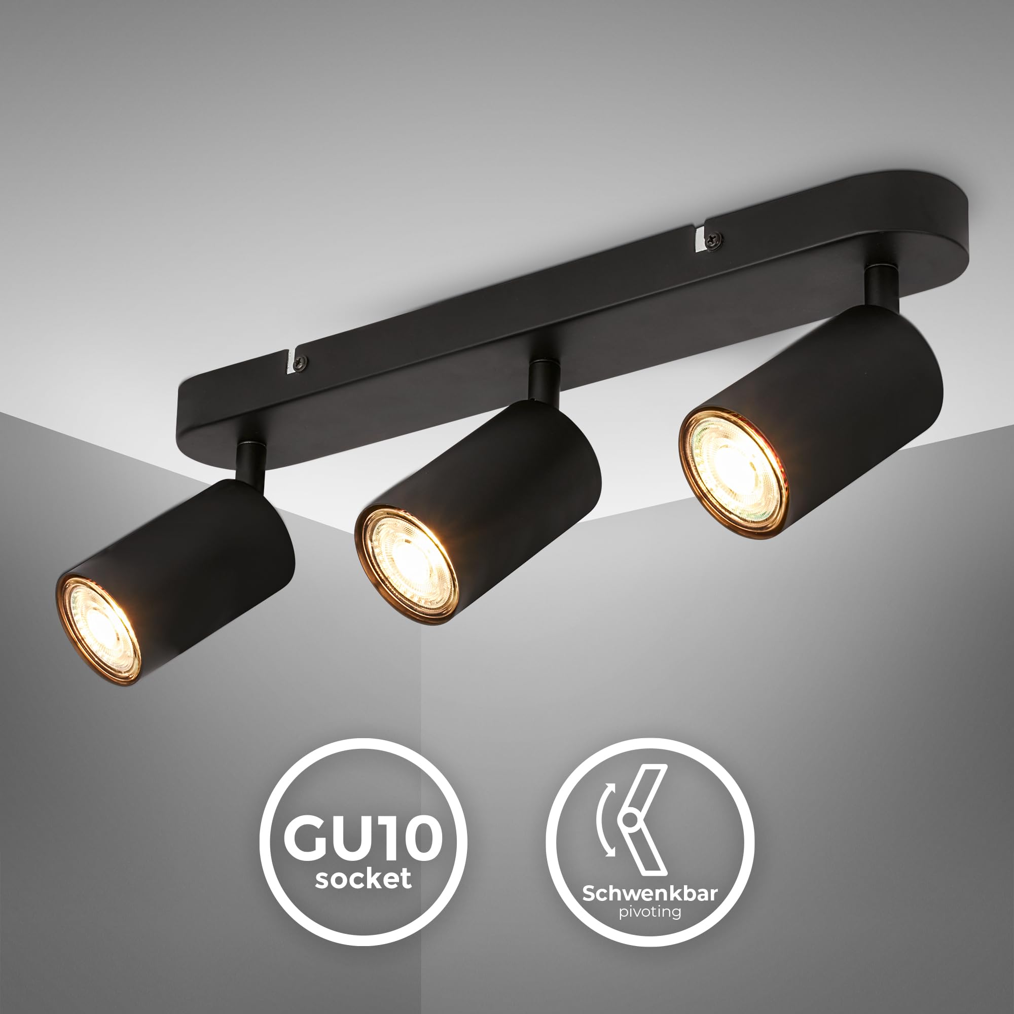 B.K.Licht - Lámpara de techo 3 luces, Metal Negro, GU10 máx 3x9W, 60x90x390mm, Sin Bombillas, IP20, Diseño Industrial, Iluminación Interior Ajustable