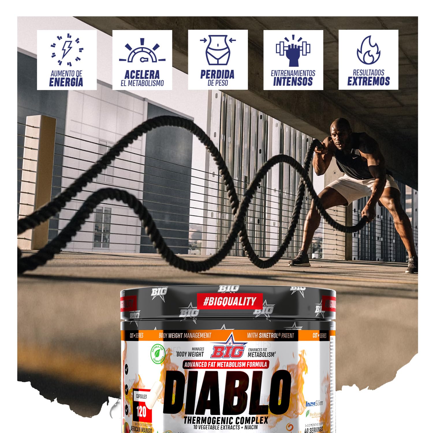 BIG - Quemagrasas Potente para Adelgazar muy Rapido, Fórmula Exclusiva con 10 Ingredientes, Elimina la Grasa y Ayuda a Bajar de Peso, Acelera el Metabolismo en Hombre y Mujer, 40 Servicios, 120 caps
