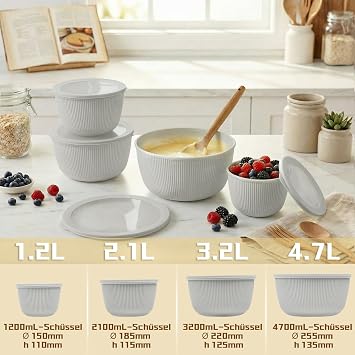 BoxedHome Mixing Bowls Set with Leakproof Silicone Lids, Nesting Salad Bowls for Prepping, Mixing, Serving, Baking, 4.7L/3.2L/2.1L/1.2L, Dishwasher & Microwave Safe, BPA-Free Plastic, Set of 4, Grey