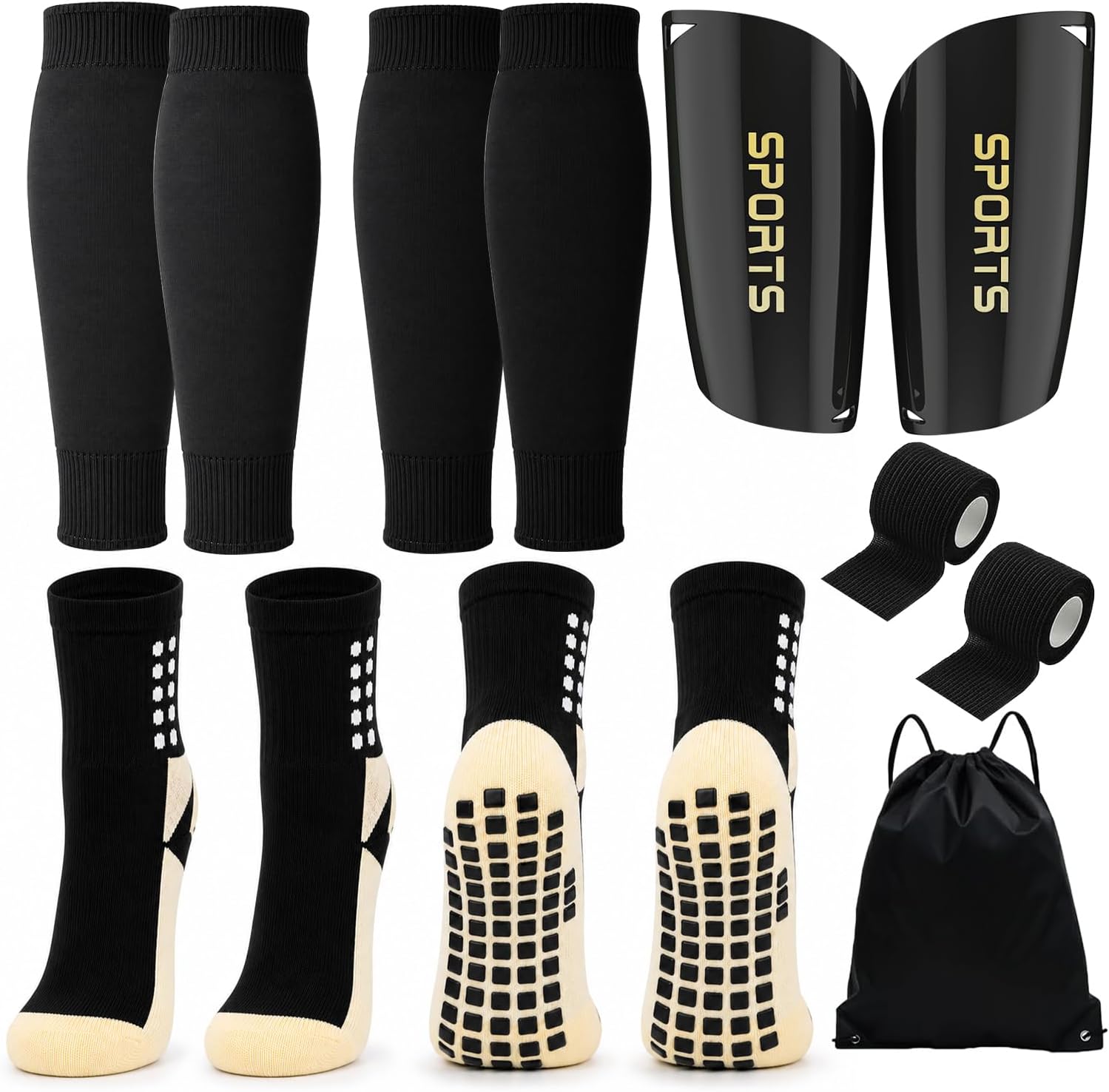 Complete Kids Youth Grip Soccer Socks with Shin Guards, Pre-Cut Sock Sleeves, Sports Tape and Drawstring Bag, Anti-Slip, Fits US Kids Shoe Sizes 7-12