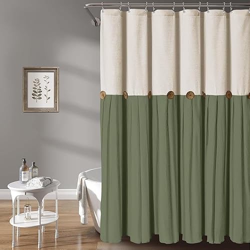 Awellife Farmhouse Cream Shower Curtain Button Linen Textured Woven Fabric,Country Style (Cream & Green, 72" W x 72" L)