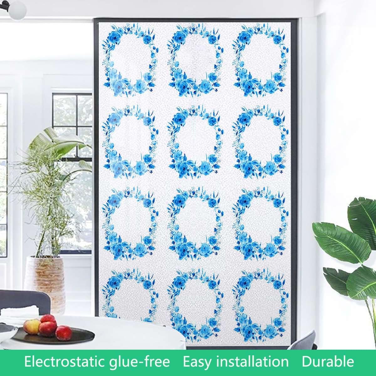 Blue Window Privacy Film Glass Sticker Decal Roses and Leaves Bouqet of Affection Privacy Window Film Frosted Decorative Glass Door Film Roses 35.4Wx59L-inch