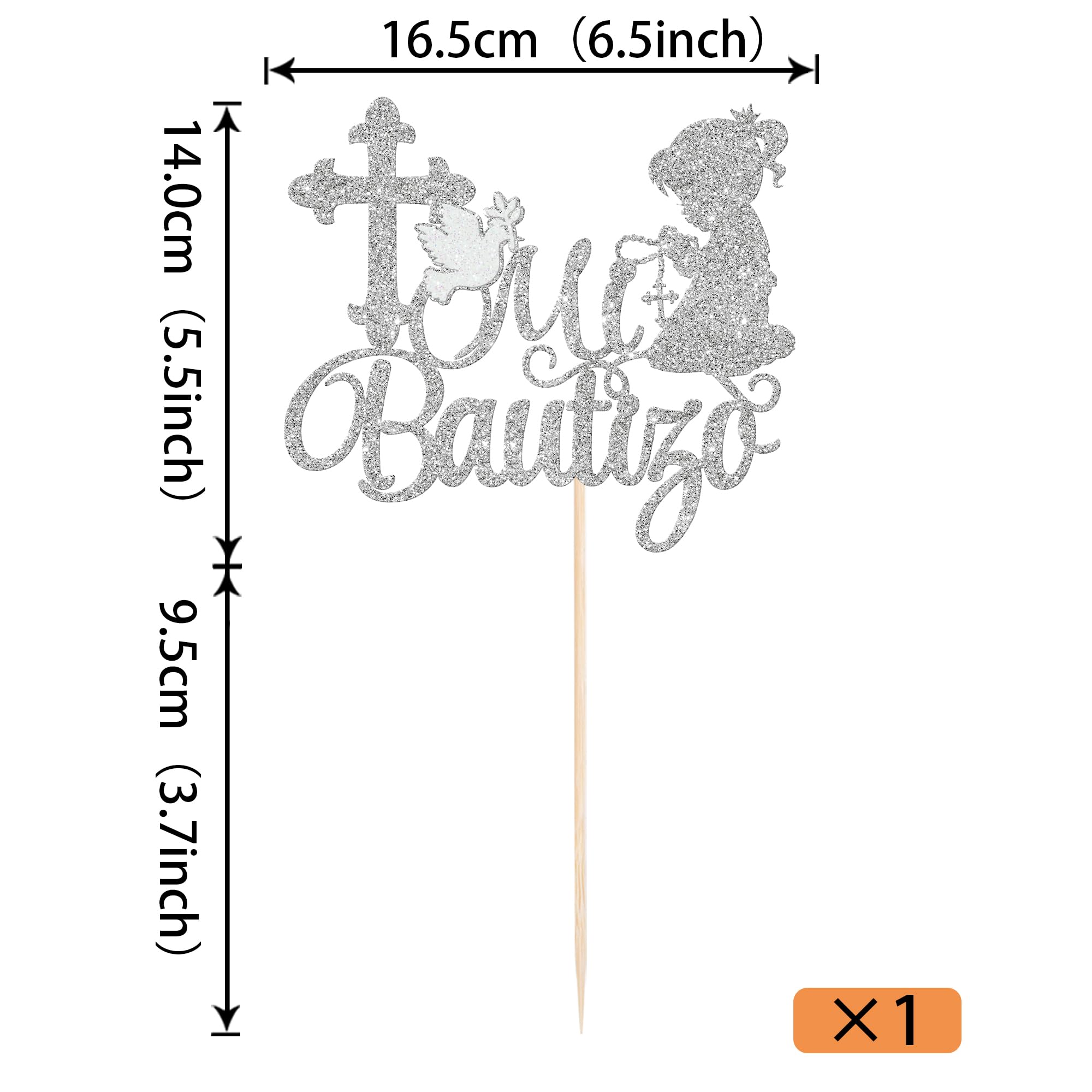Xsstarmi 1 Pack Spanish Mi Bautizo Cake Topper Girls Baptism Cake Decoration Cross First Holy Communion Cake Pick for Religious God Bless Baby Shower Party Decoration Silver - Image 2