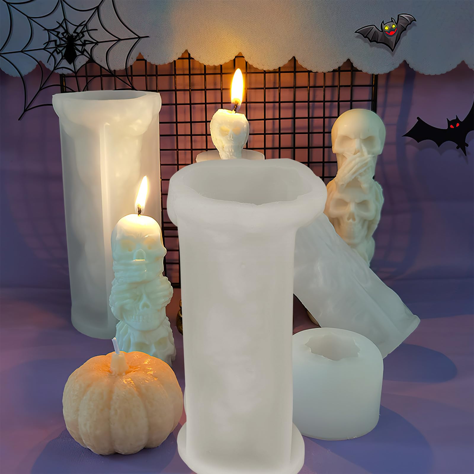 4 Pezzi Stampo Teschio in Silicone per Candele Halloween, Bianco
