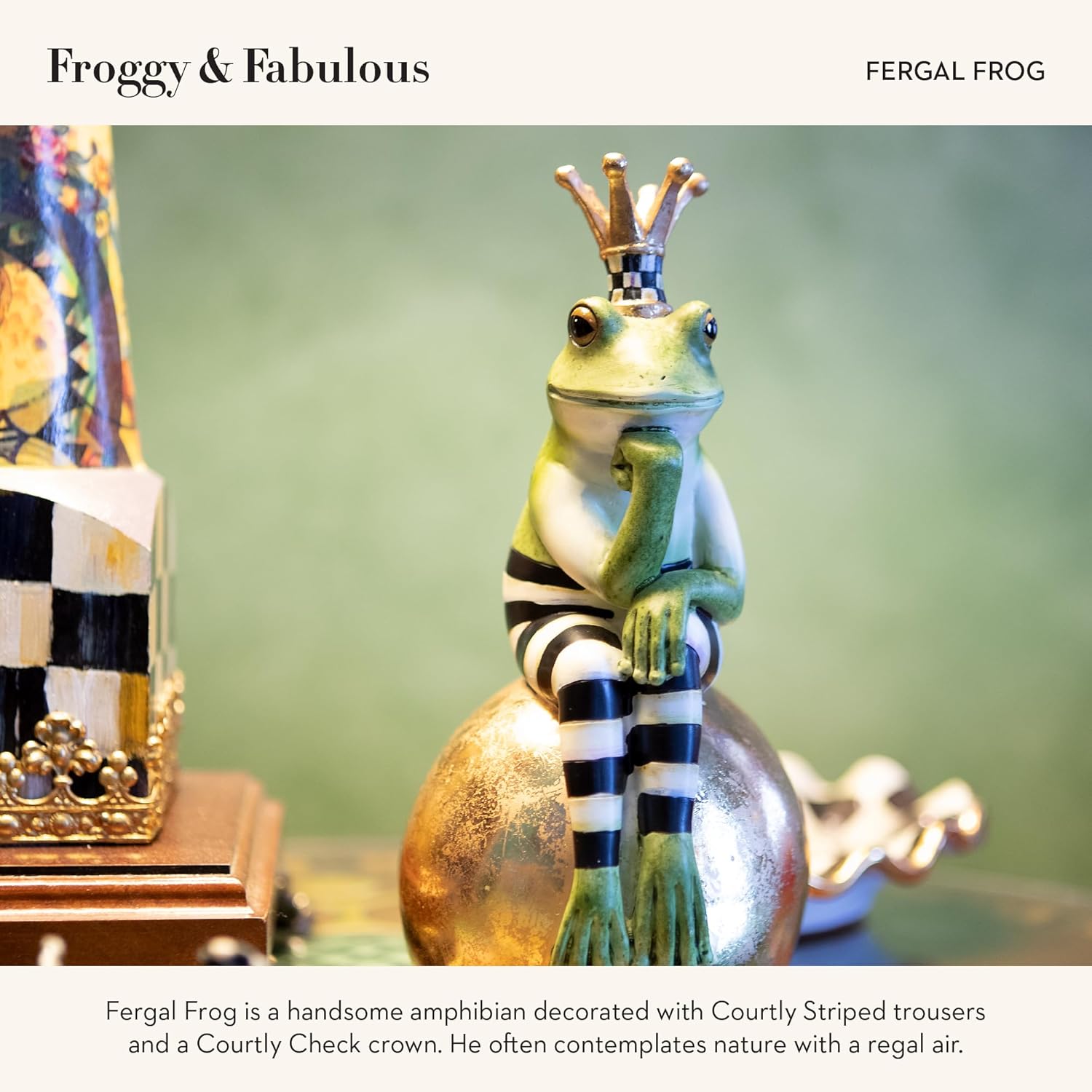 MACKENZIE-CHILDS Fergal Frog on Ball, Cute Frog Statue, Unique Frog Decoration for Bathroom or Living Room