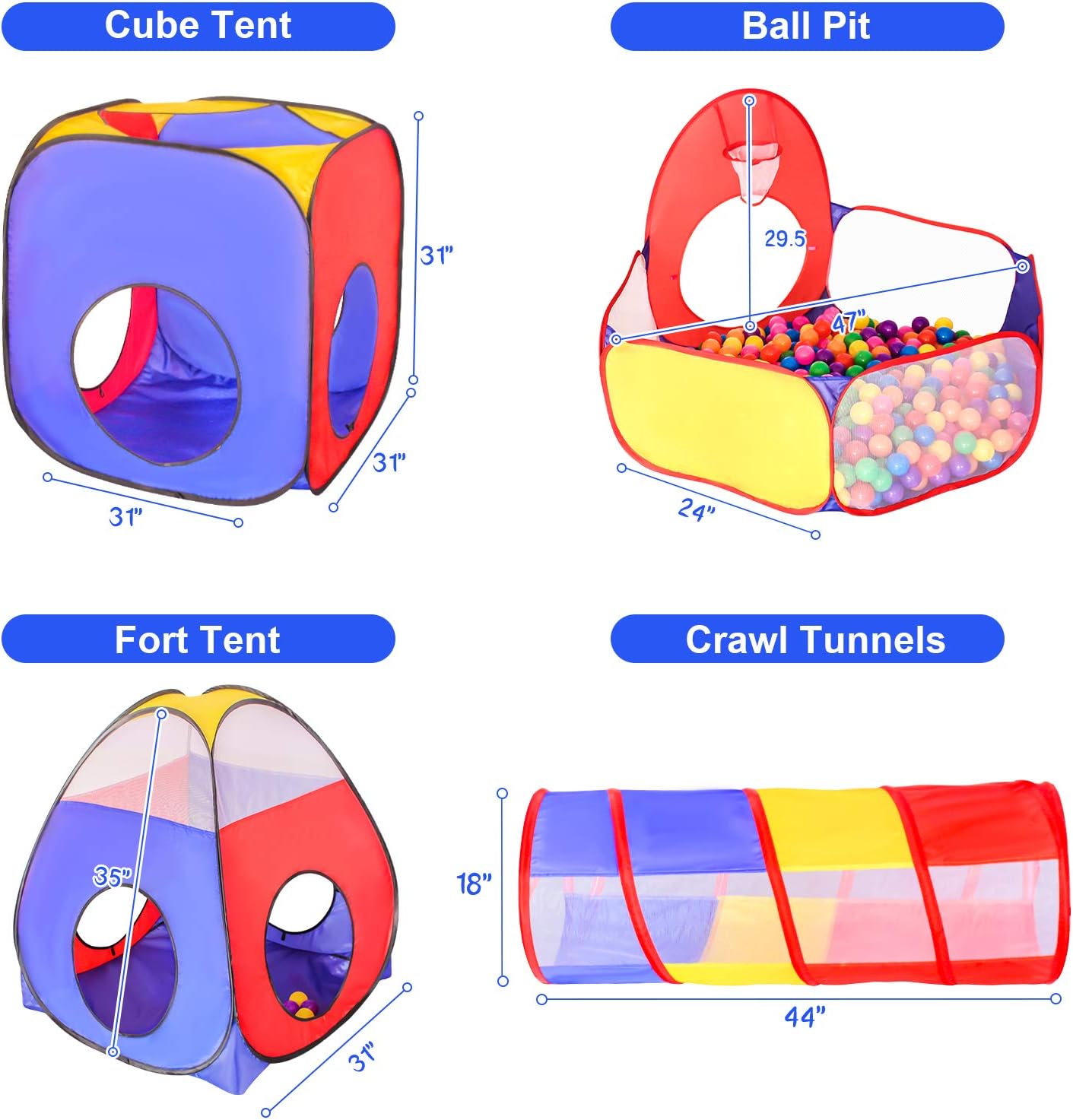 5pc Baby Ball Pits for Toddlers, Kids Play Tent and Play Tunnel, Children Indoor Outdoor Playhouse with Crawling Toys, Boys and Girls Best Birthday Gifts (5 in 1 Kids Play Tent) : Toys & Games