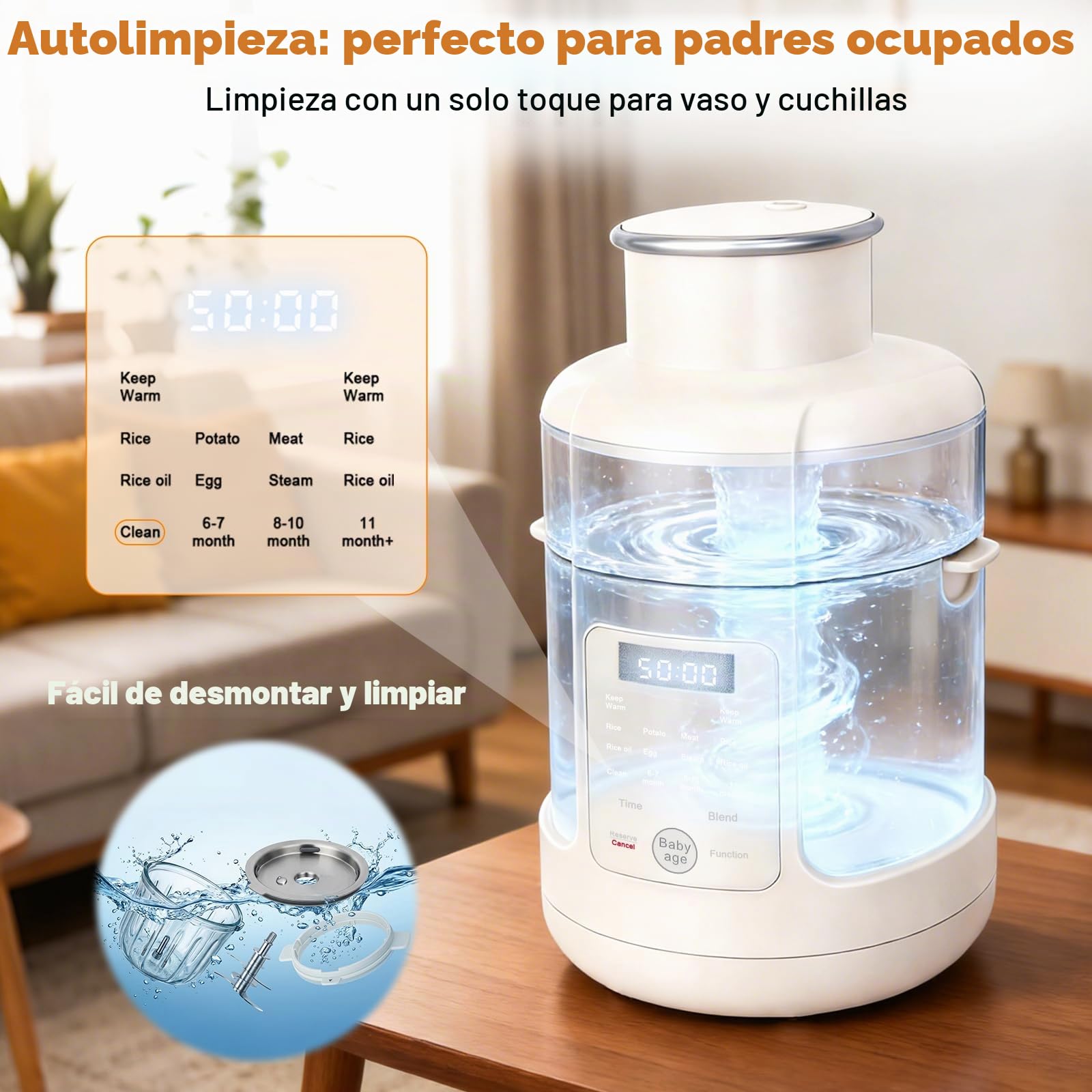 Preparador de bebés 500W – Todo en uno: cocina al vapor, tritura, calienta con temporizador – Purés desde 4 meses – Pantalla táctil, programas auto, autolimpieza – Acero inoxidable