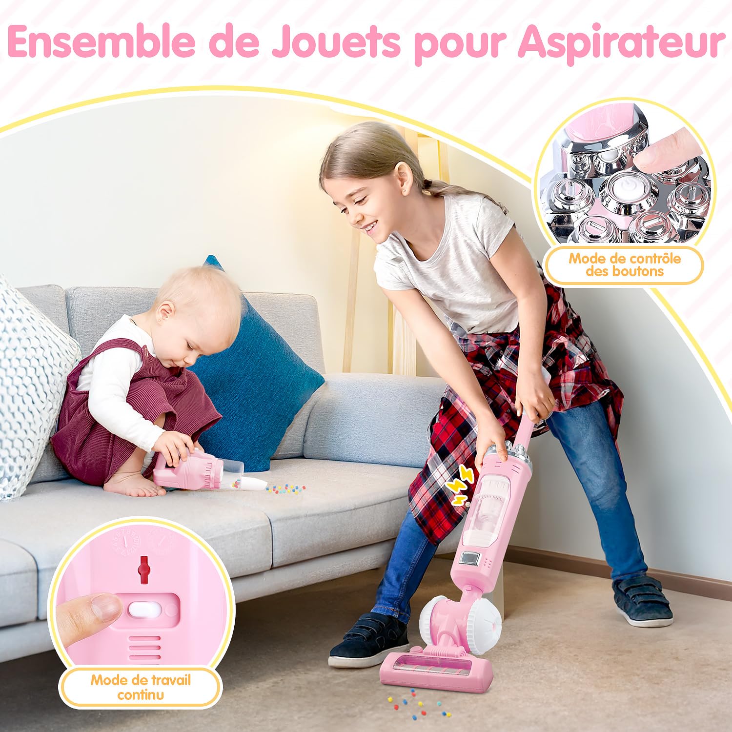 PLAY 2 en 1 Aspirateur Enfant Jouet Set avec des Particules EVA, des Effets d'aspiration et Sonores, Kit Menage pour Enfants 3+ Ans (Rose)