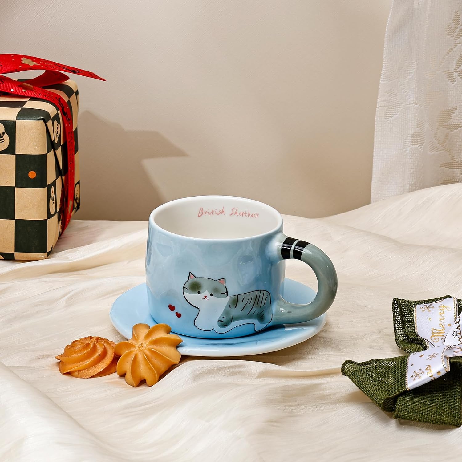 Koythin Blue Tabby Cat Ceramic Mug With Saucer, Holiday Coffee Tea Cup