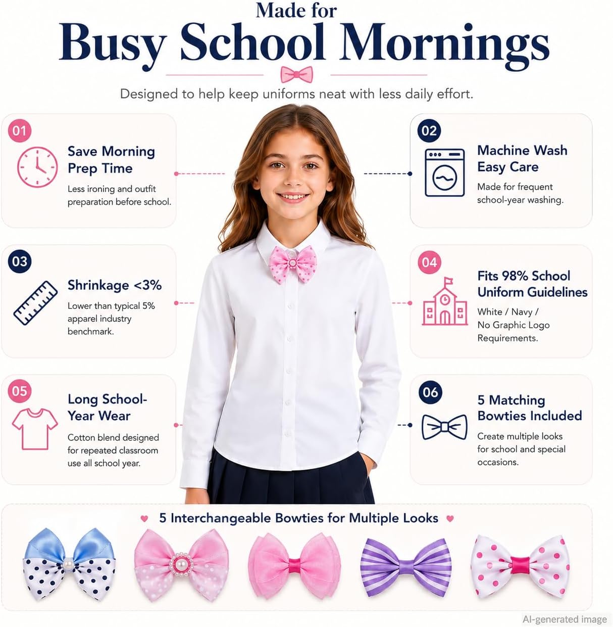 Bienzoe Girls Long Sleeve Shirt: Kids School Uniform Button Down Cotton Oxford Blouse Bowtie Pack