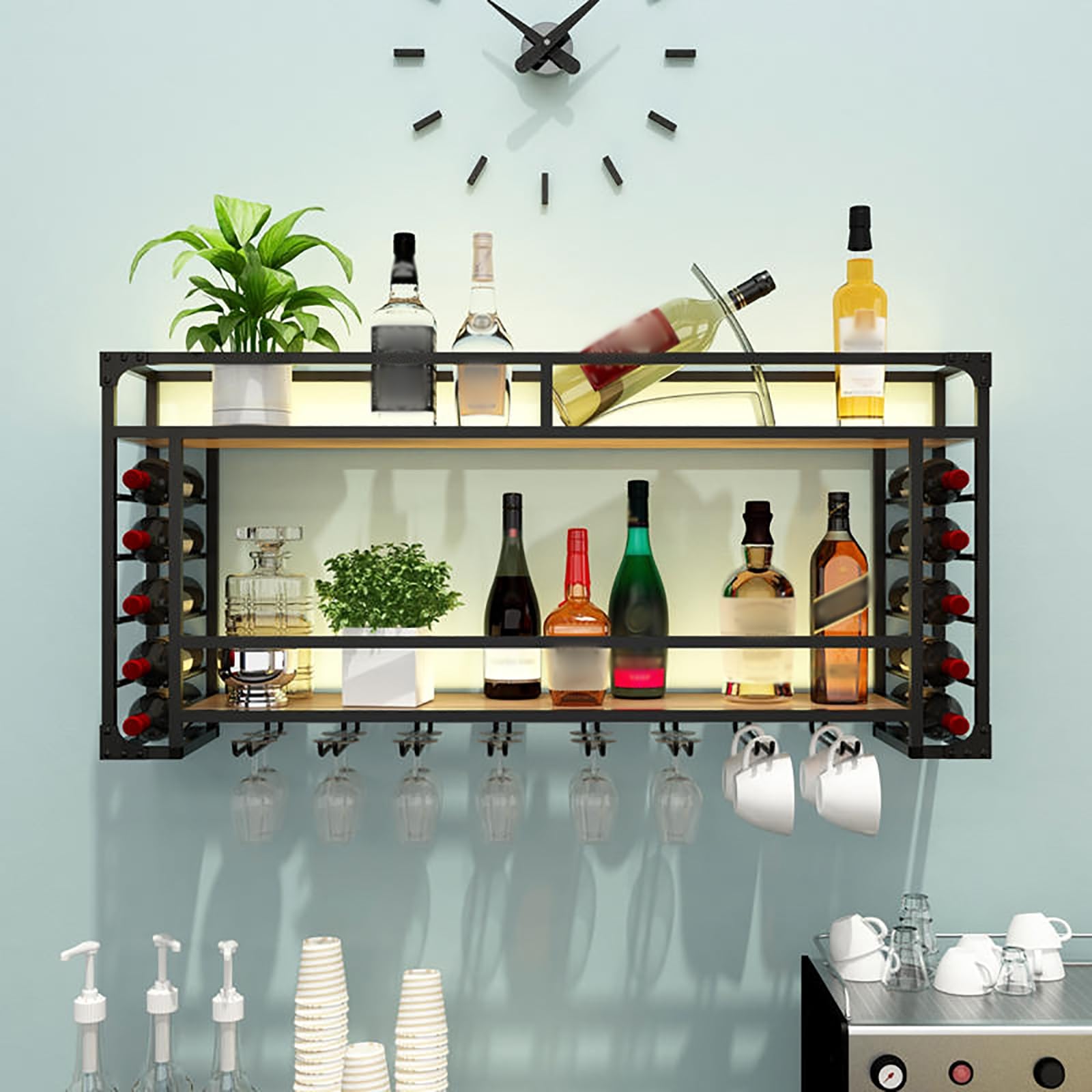Soporte de exhibición de hierro para botellas de vino, con luz ambiental, decoración multifunción para el hogar, cocina, fácil de instalar, hermoso y duradero, ideal para el hogar, cocina, bar,