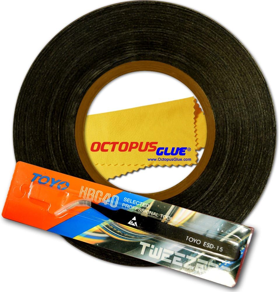 Octopus Glue® 2mm x 50m Double Sided Adhesive Tape (Made by 3M) with ESD Anti-Static Tweezer and Microfiber Cleaning Cloth for Phone LCD, Digitizer Repair