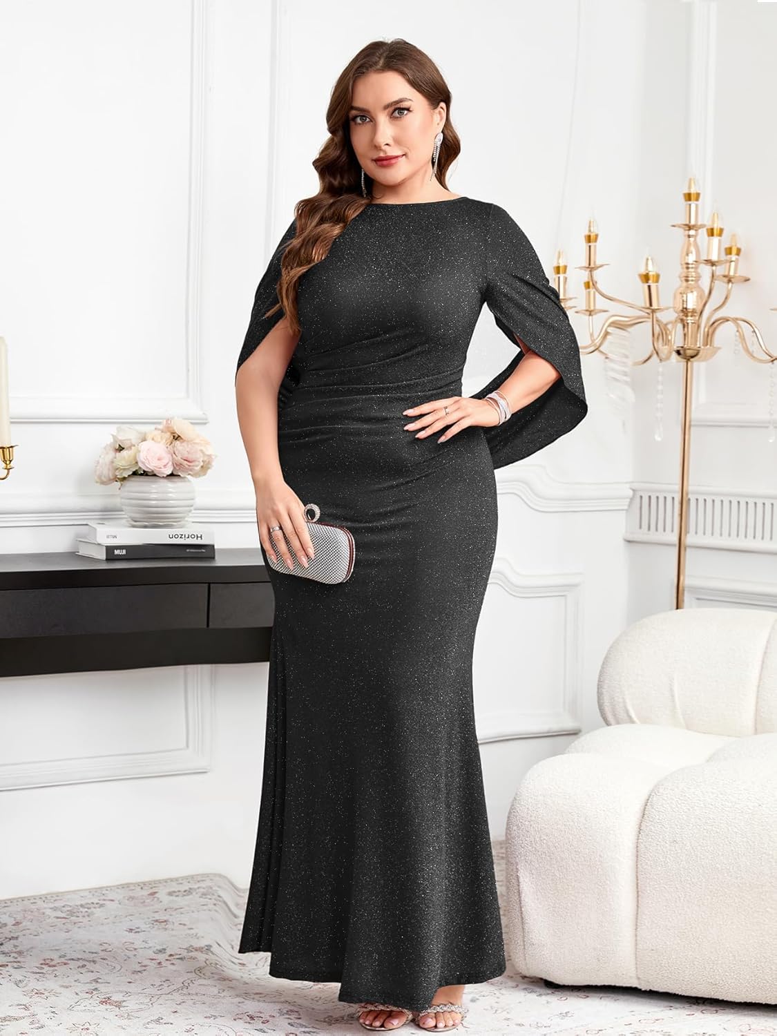ZOMVA Plus Size Sparkly Glitter Mermaid Maxi Dress Sparkle Sequin Cape Sleeves Ruched Bodycon Dresses Cocktail Formal - Image 4