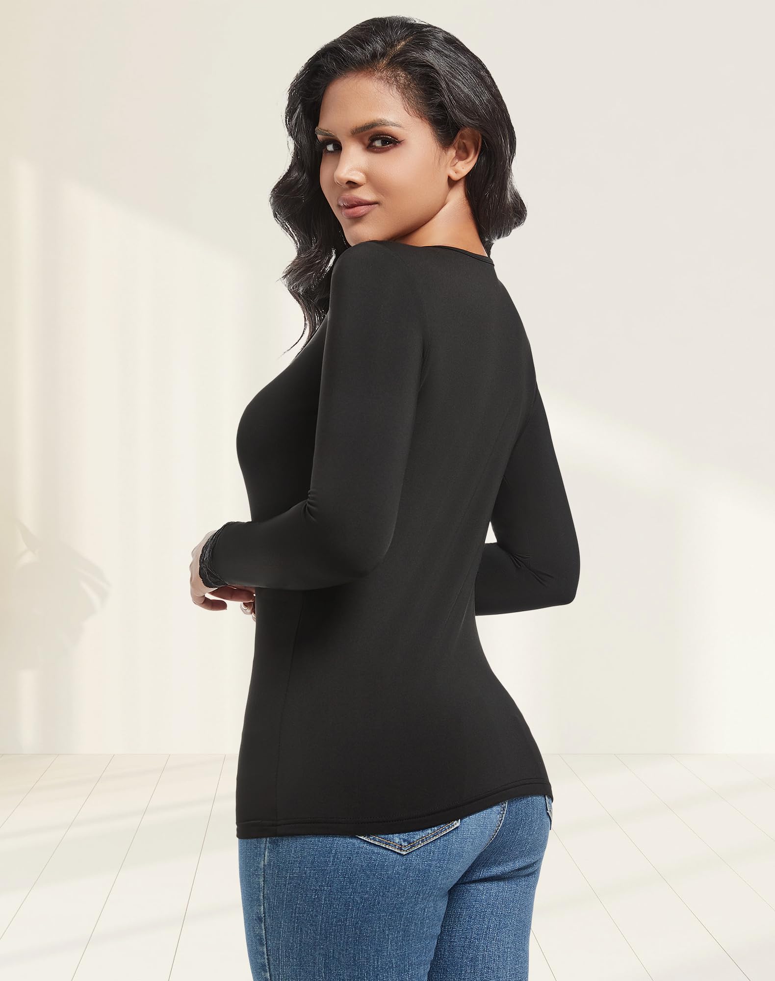 MANCYFIT Ropa interior térmica para mujer, camiseta interior de manga larga con cuello en V y forro polar para clima frío
