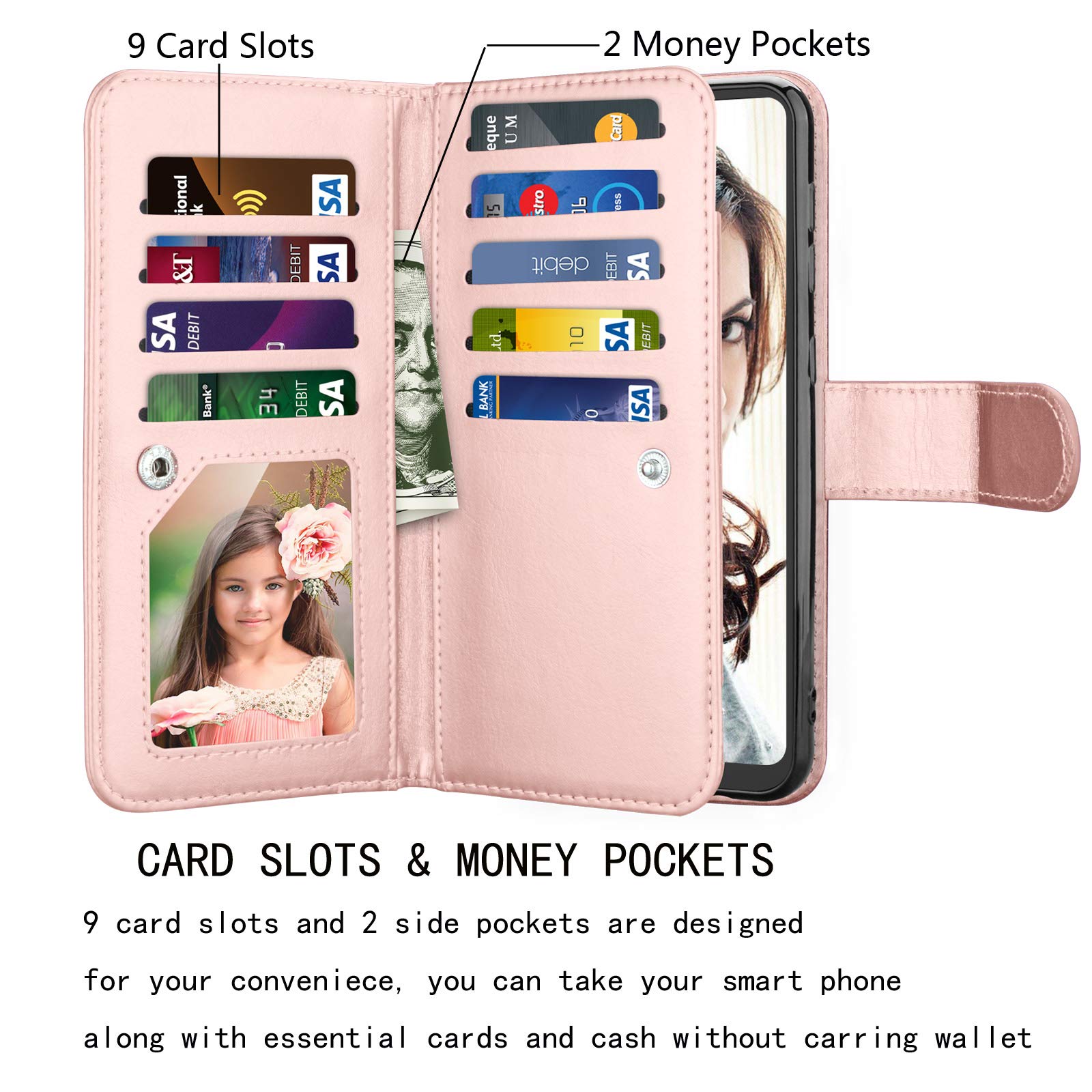 Njjex Galaxy A21 Case, for Samsung Galaxy A21 Wallet Case 2020, [9 Card Slots] PU Leather ID Credit Holder Folio Flip [Detachable] Kickstand Magnetic Phone Cover & Lanyard for Samsung A21 [Rose Gold]