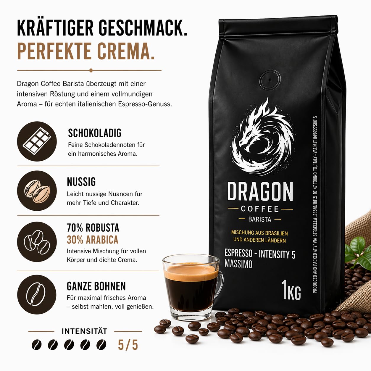 Dragon Coffee Massimo Espresso – Espresso Bohnen 2x1 kg | 70% Robusta / 30% Arabica | Ganze Bohnen | Mittlere italienische Röstung | Kräftiger Espresso mit dichter Crema