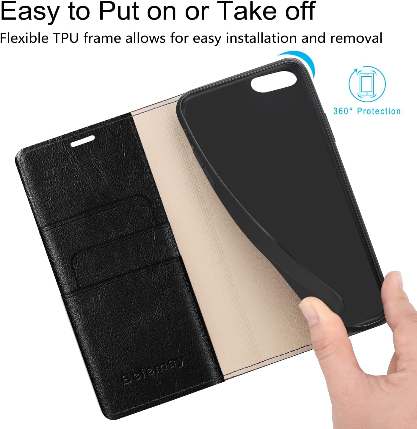 Belemay Compatible with iPhone 8 Plus Wallet Case, Genuine Cowhide Leather Flip Case Folio Cover [Soft TPU Inner Case] Card Holder Slots, Kickstand, Cash Pockets Compatible with iPhone 8 Plus, Black